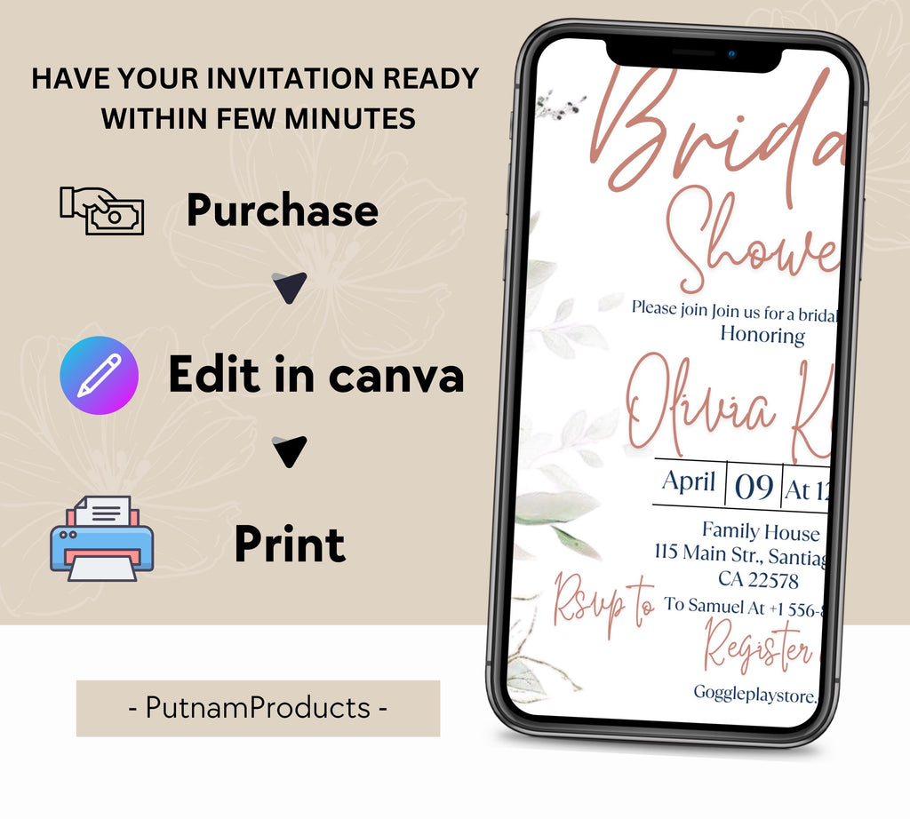 Editable Eucalyptus Bridal Shower Invitation Template, Bridal Shower Invite,Garden, beige Flower Bridal shower invite, Greenery Invite