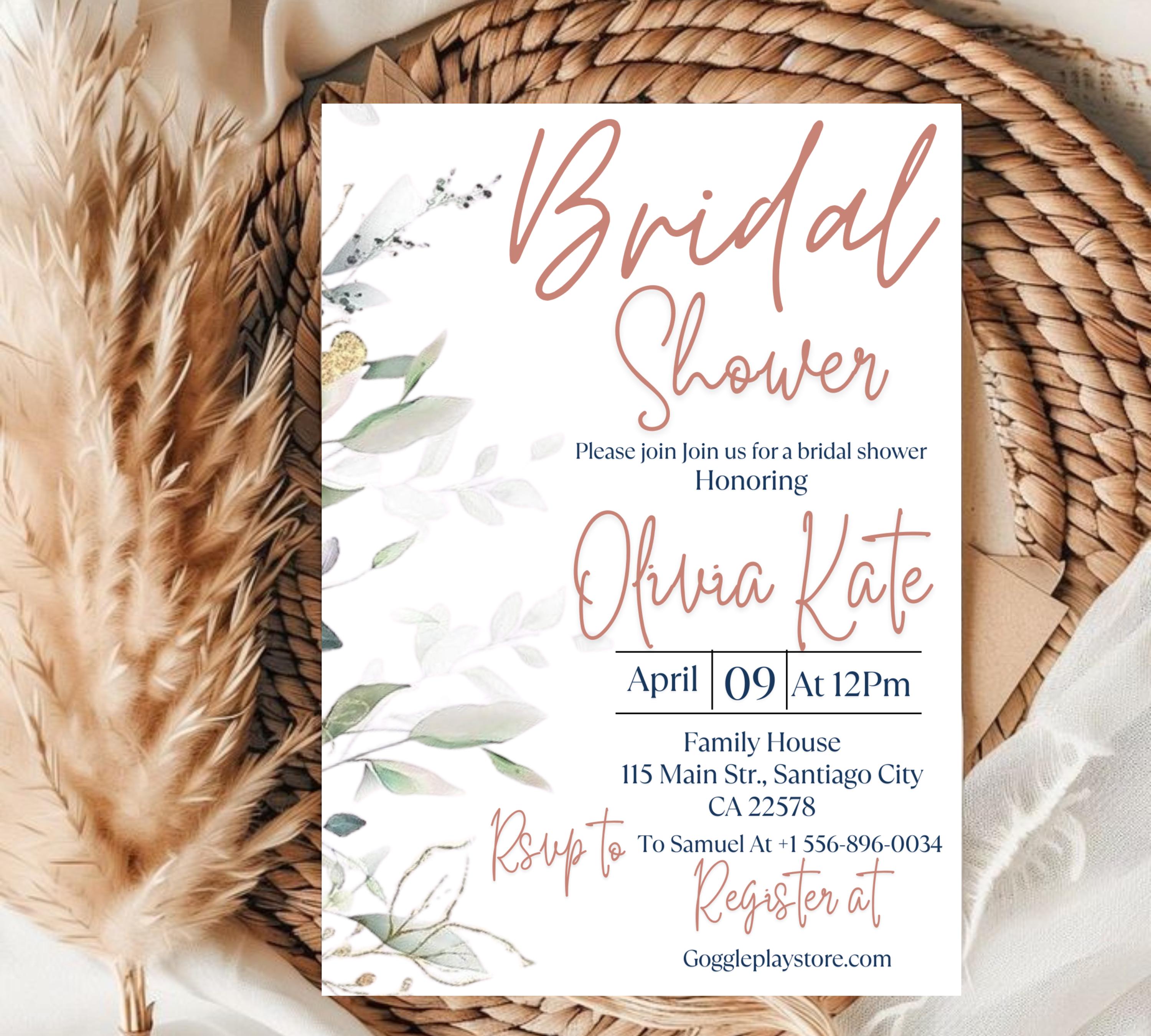 Editable Eucalyptus Bridal Shower Invitation Template, Bridal Shower Invite,Garden, beige Flower Bridal shower invite, Greenery Invite