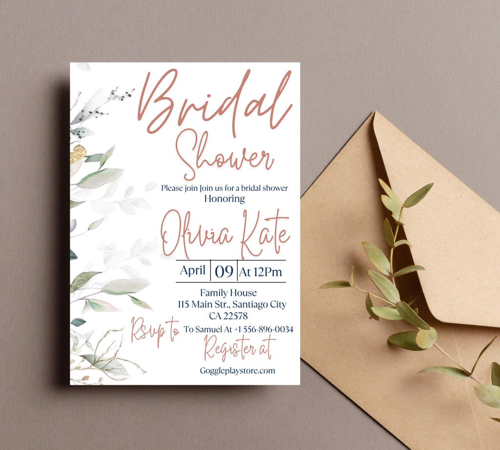 Editable Eucalyptus Bridal Shower Invitation Template, Bridal Shower Invite,Garden, beige Flower Bridal shower invite, Greenery Invite