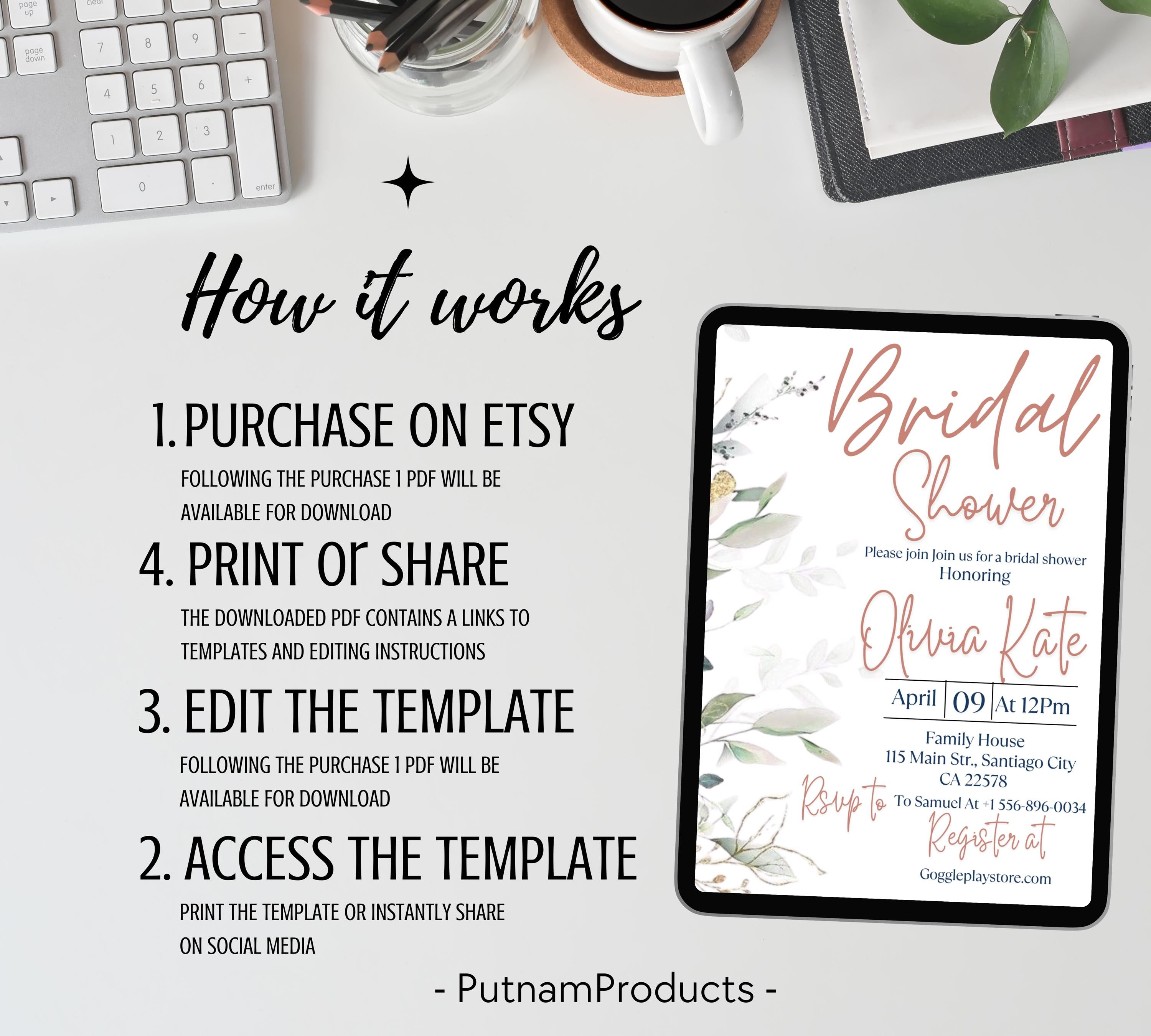 Editable Eucalyptus Bridal Shower Invitation Template, Bridal Shower Invite,Garden, beige Flower Bridal shower invite, Greenery Invite