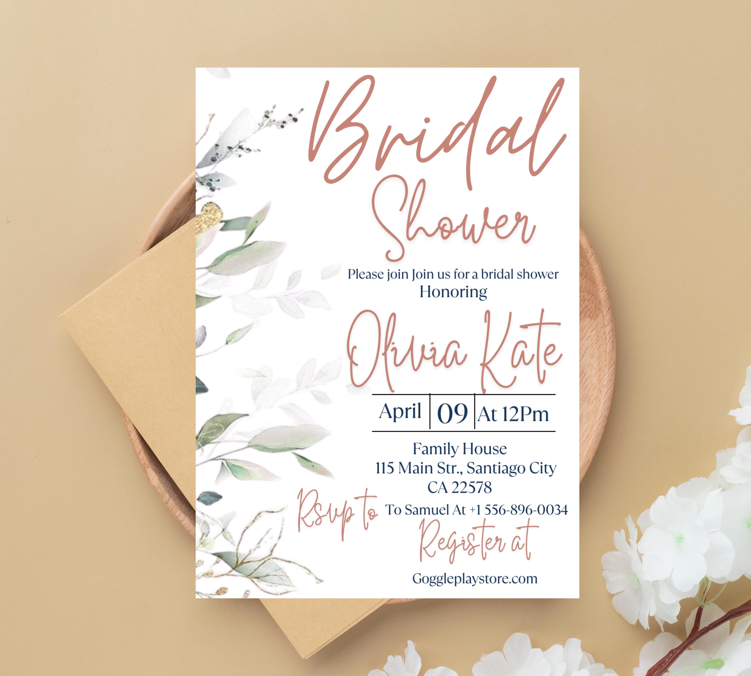 Editable Eucalyptus Bridal Shower Invitation Template, Bridal Shower Invite,Garden, beige Flower Bridal shower invite, Greenery Invite