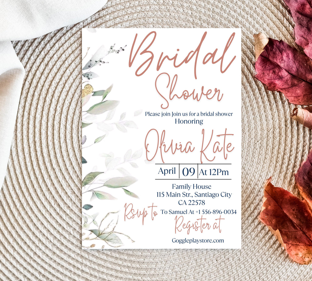 Editable Eucalyptus Bridal Shower Invitation Template, Bridal Shower Invite,Garden, beige Flower Bridal shower invite, Greenery Invite