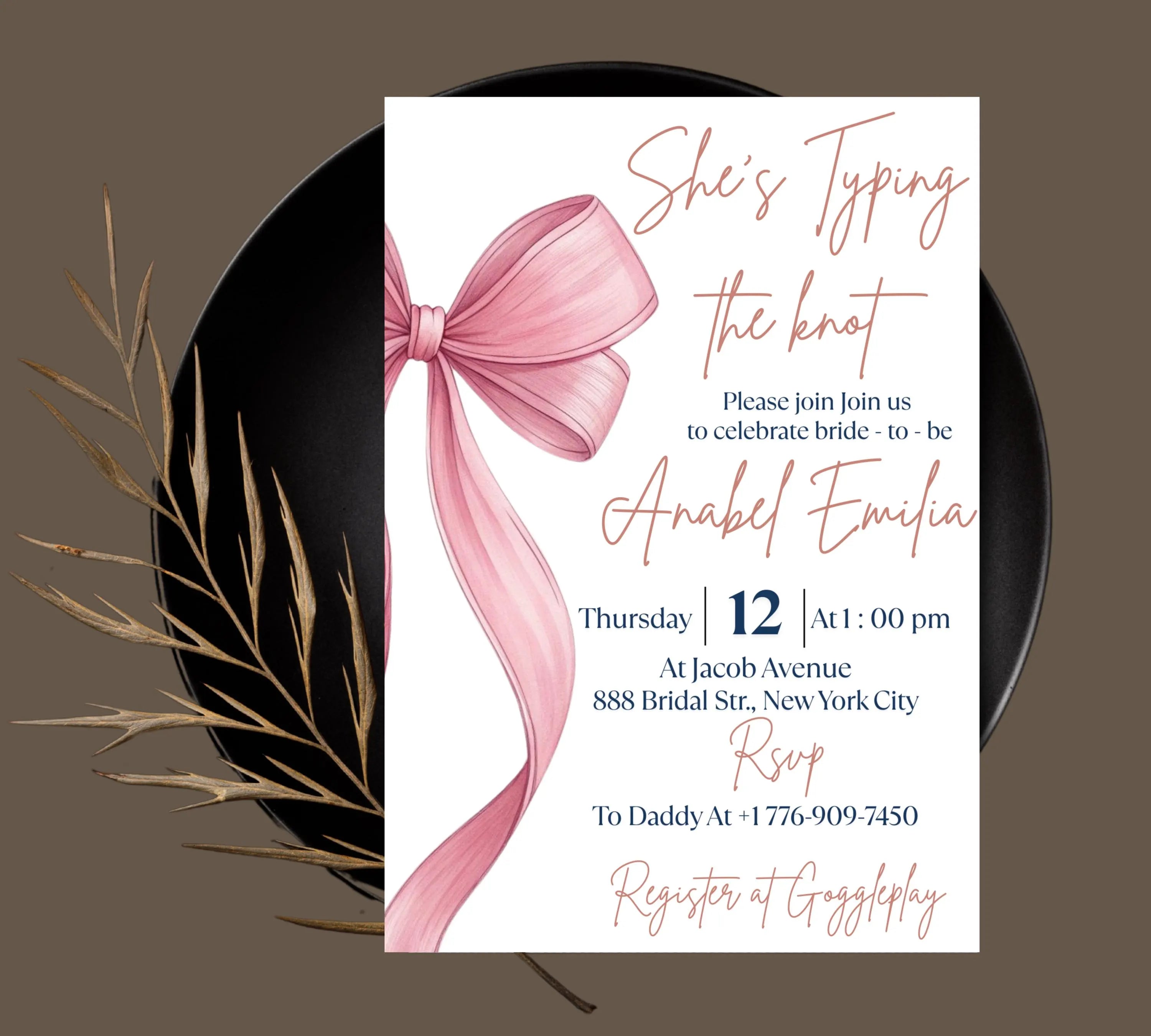 She's Tying the Knot Bridal Shower, EDITABLE Pink Bow Bridal Shower Invitation, Minimalist Bridal Shower Blush Pink invite, Dusty Pink Bow