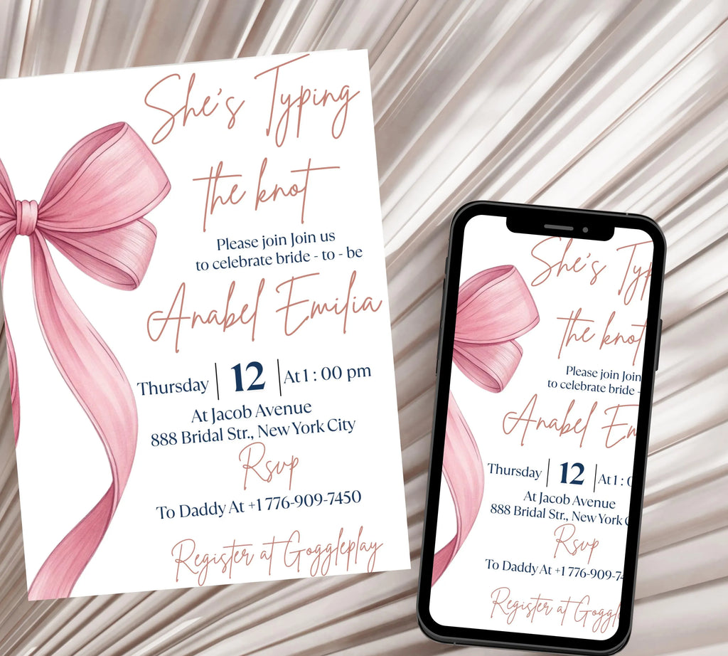 She's Tying the Knot Bridal Shower, EDITABLE Pink Bow Bridal Shower Invitation, Minimalist Bridal Shower Blush Pink invite, Dusty Pink Bow
