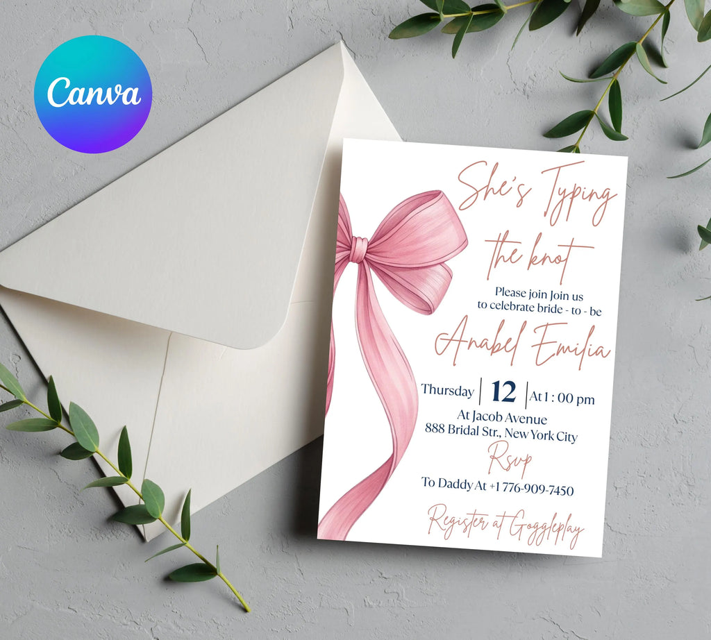 She's Tying the Knot Bridal Shower, EDITABLE Pink Bow Bridal Shower Invitation, Minimalist Bridal Shower Blush Pink invite, Dusty Pink Bow