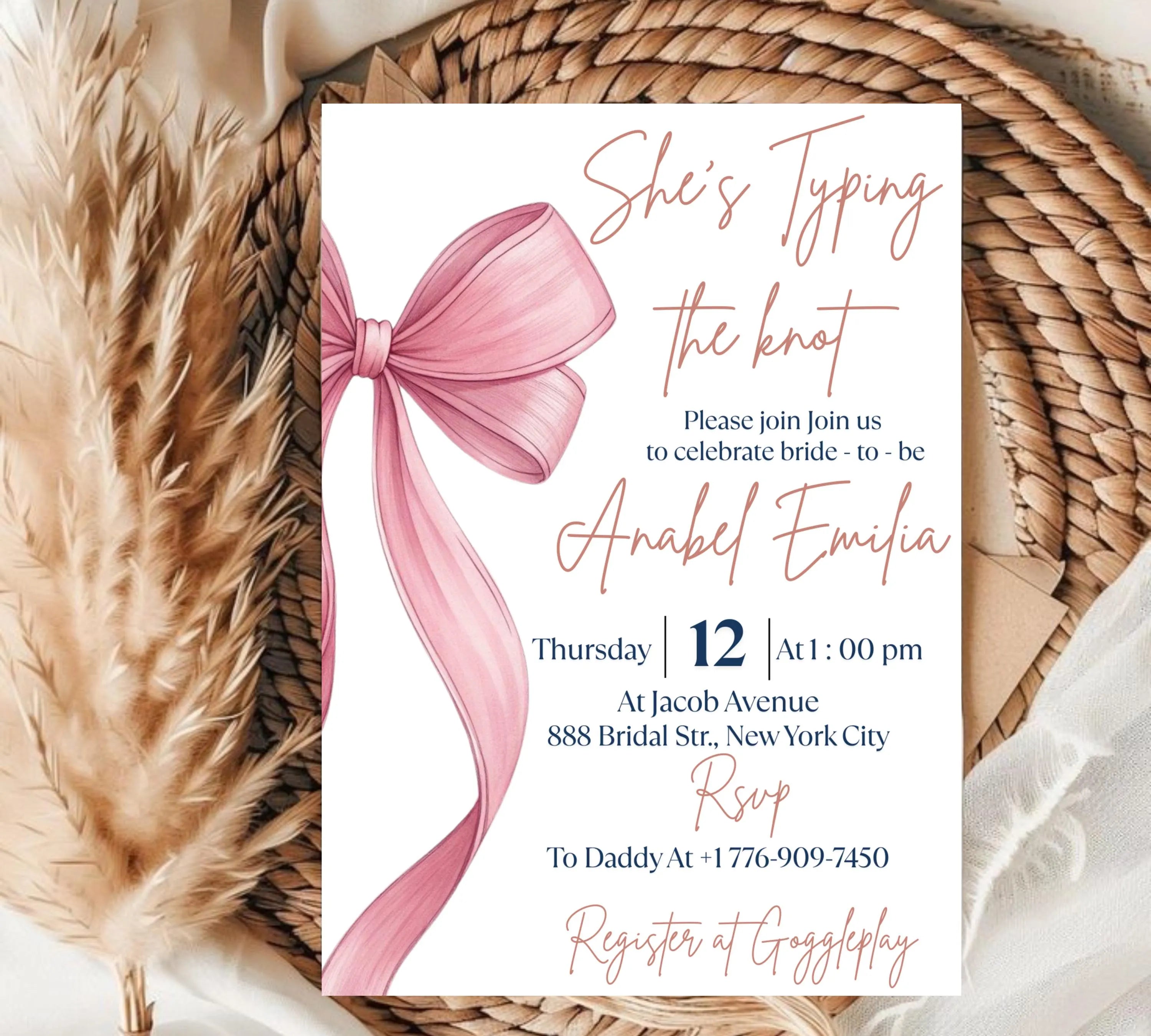 She's Tying the Knot Bridal Shower, EDITABLE Pink Bow Bridal Shower Invitation, Minimalist Bridal Shower Blush Pink invite, Dusty Pink Bow