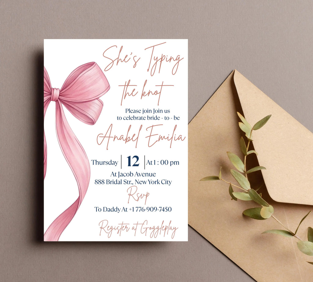 She's Tying the Knot Bridal Shower, EDITABLE Pink Bow Bridal Shower Invitation, Minimalist Bridal Shower Blush Pink invite, Dusty Pink Bow