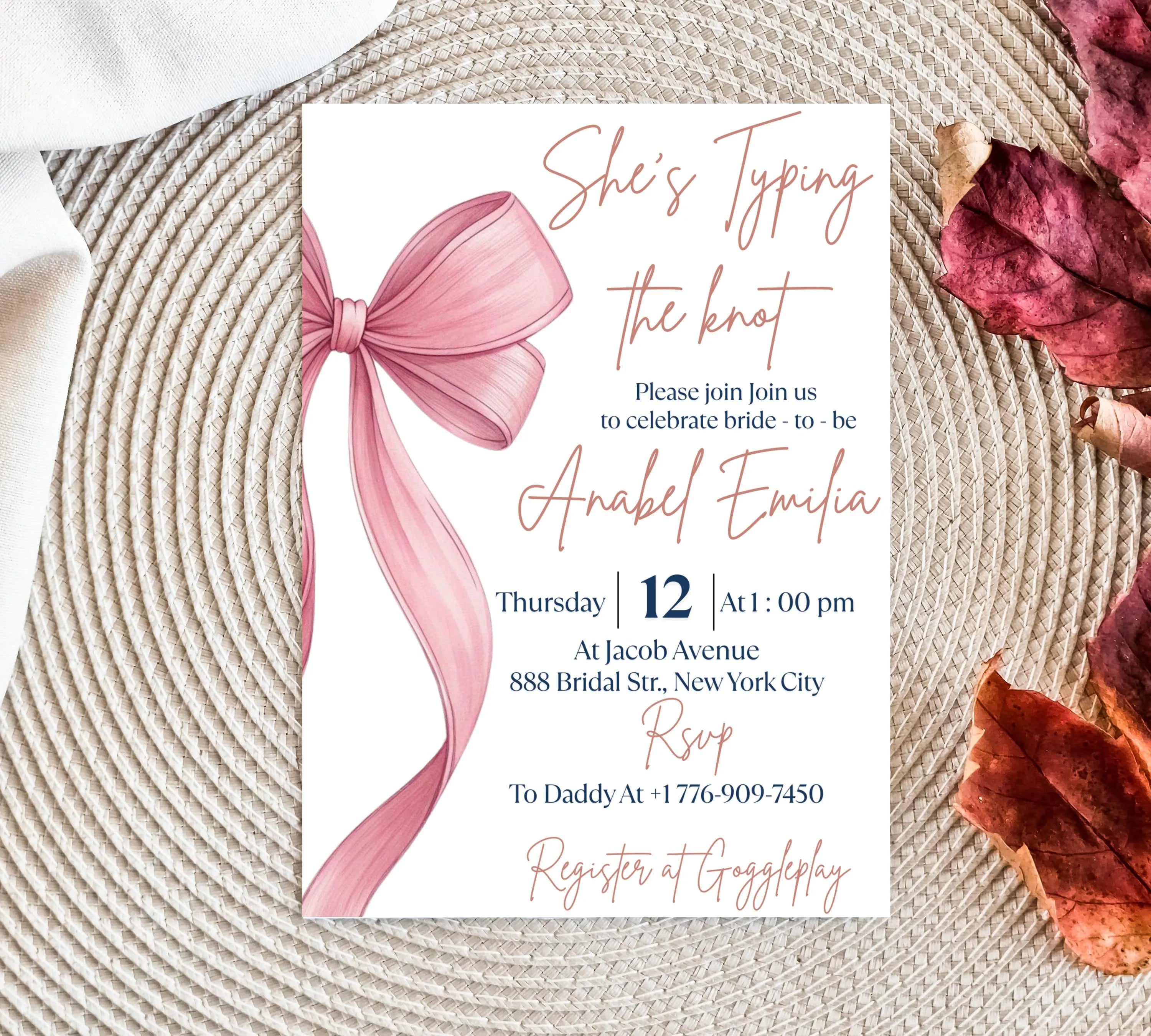 She's Tying the Knot Bridal Shower, EDITABLE Pink Bow Bridal Shower Invitation, Minimalist Bridal Shower Blush Pink invite, Dusty Pink Bow