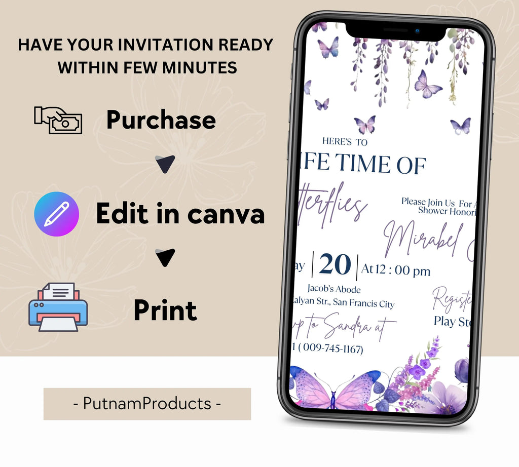 Butterfly Bridal Shower Invitation, Lifetime of Butterflies Bridal Shower Invite, Printable Wildflower Butterfly Floral Party Invitation
