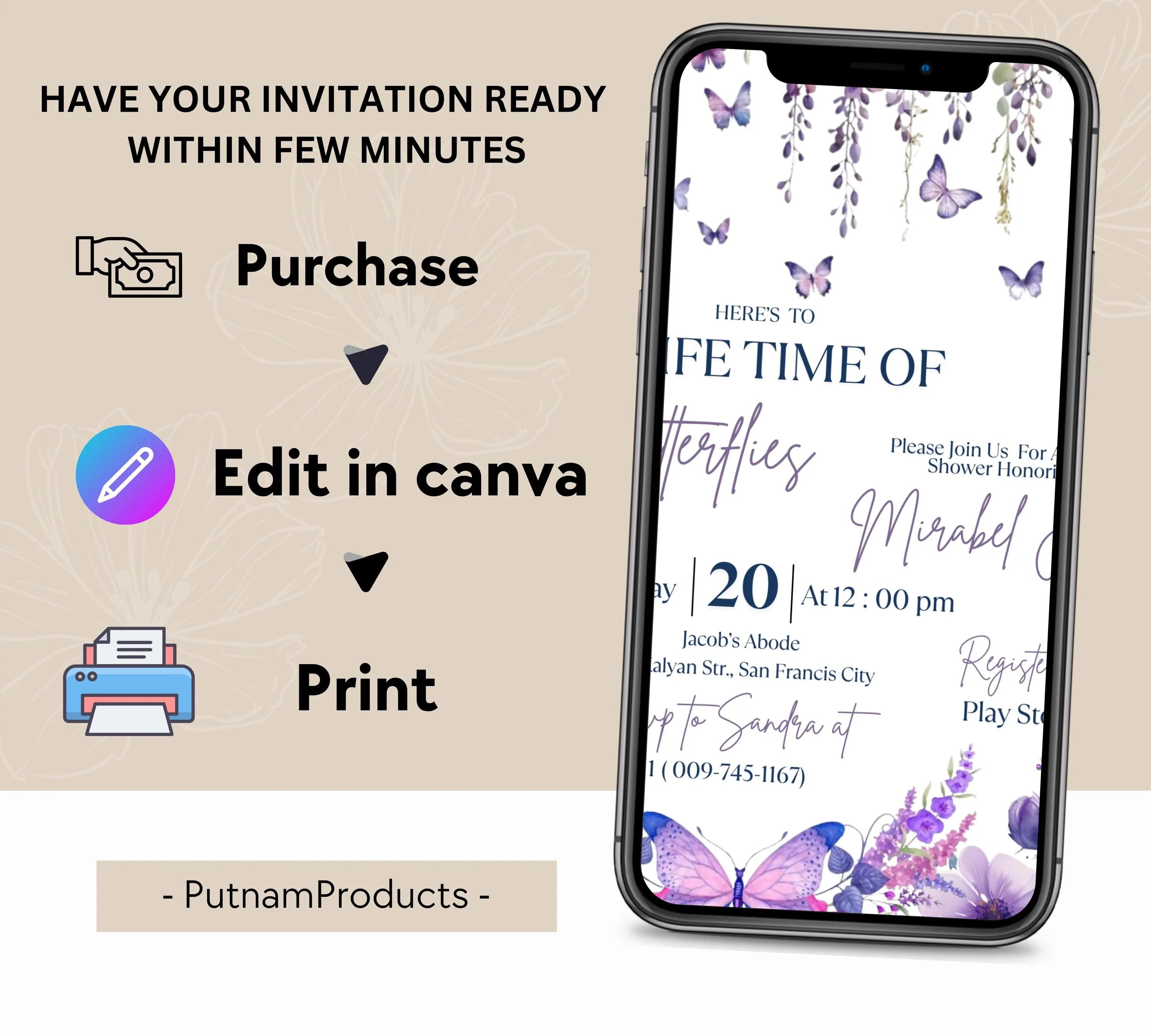 Butterfly Bridal Shower Invitation, Lifetime of Butterflies Bridal Shower Invite, Printable Wildflower Butterfly Floral Party Invitation