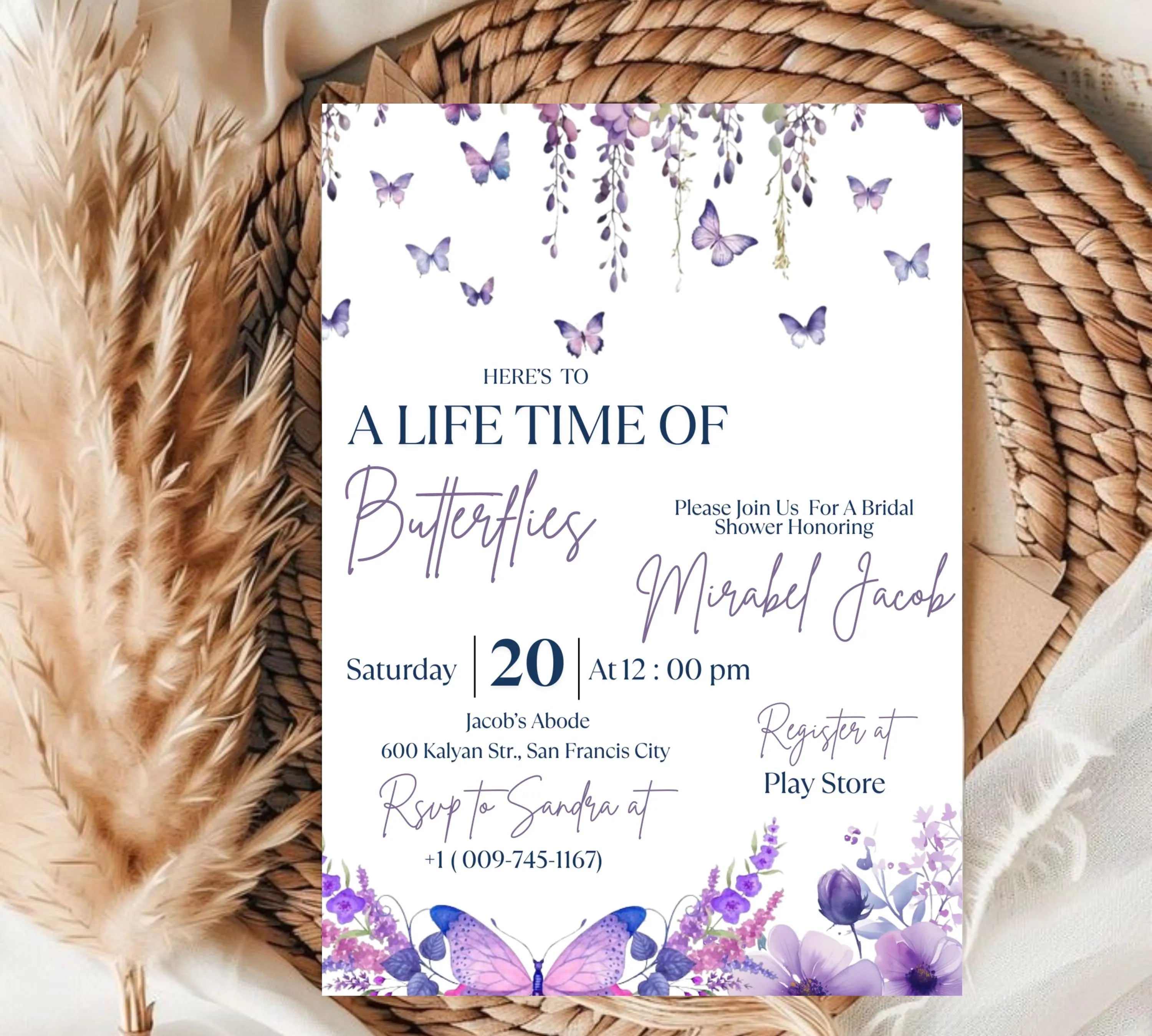 Butterfly Bridal Shower Invitation, Lifetime of Butterflies Bridal Shower Invite, Printable Wildflower Butterfly Floral Party Invitation