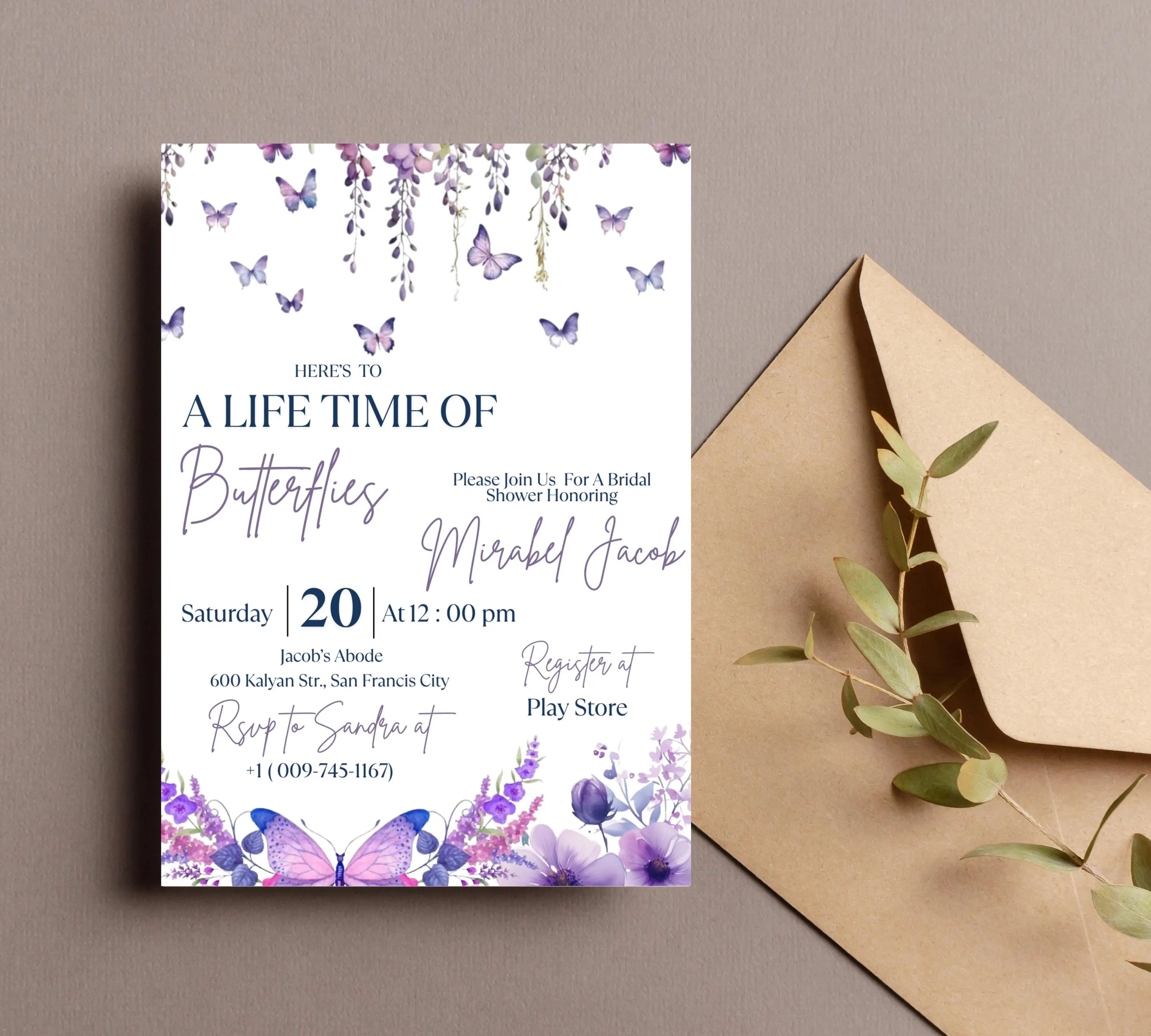 Butterfly Bridal Shower Invitation, Lifetime of Butterflies Bridal Shower Invite, Printable Wildflower Butterfly Floral Party Invitation