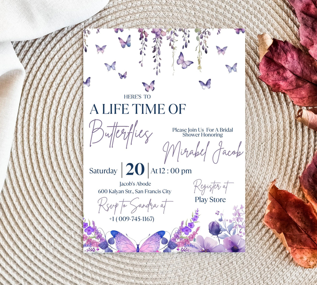 Butterfly Bridal Shower Invitation, Lifetime of Butterflies Bridal Shower Invite, Printable Wildflower Butterfly Floral Party Invitation