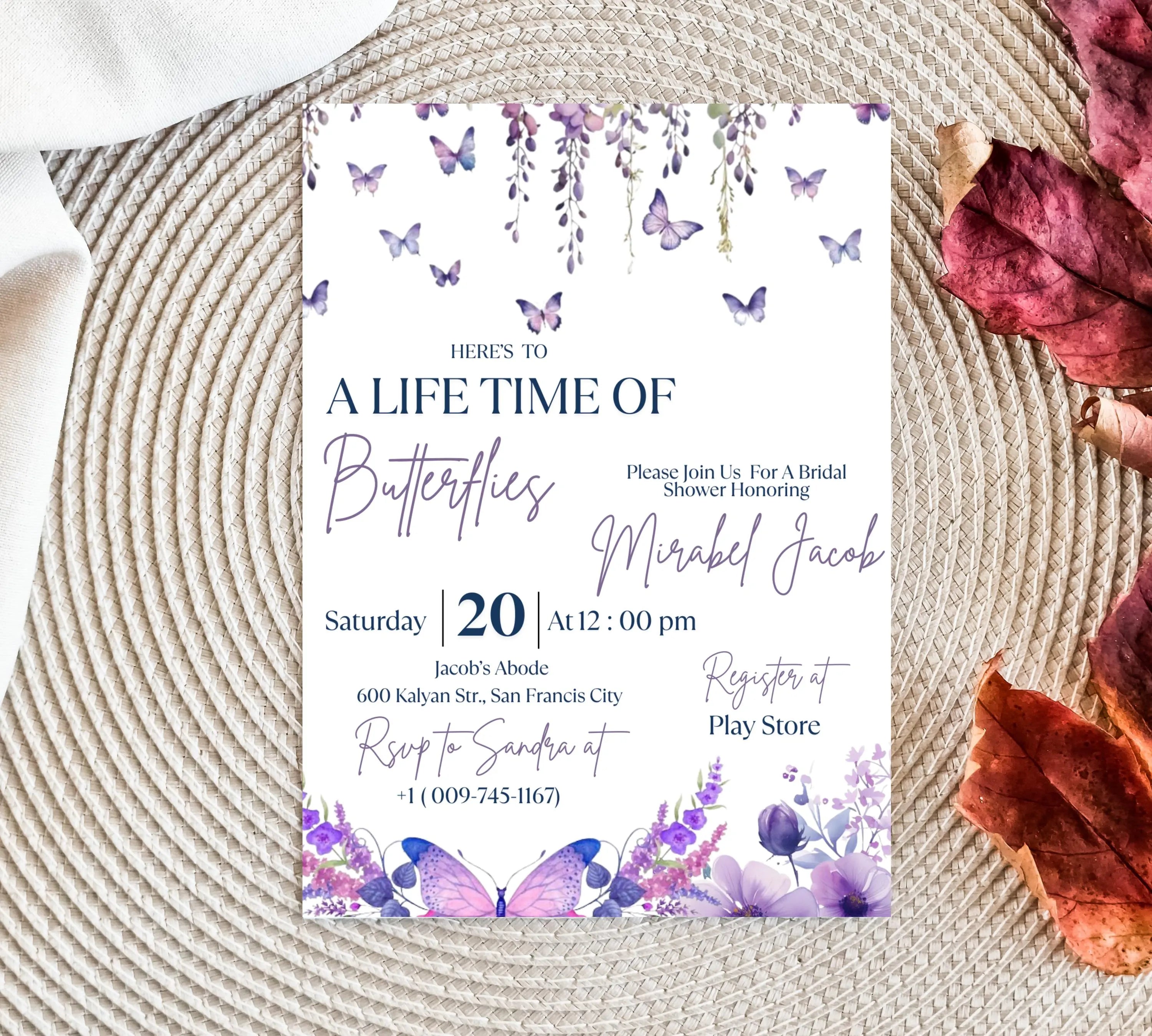 Butterfly Bridal Shower Invitation, Lifetime of Butterflies Bridal Shower Invite, Printable Wildflower Butterfly Floral Party Invitation