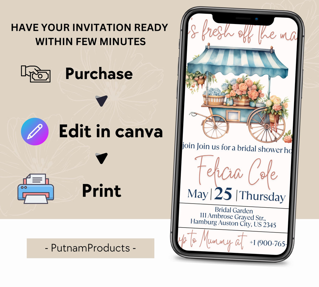 Editable Fresh off the Market Bridal Shower invitation Template, Editable Farmer's Market Invitation, Farmer's Market Invite, Gingham