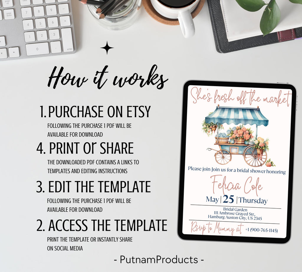 Editable Fresh off the Market Bridal Shower invitation Template, Editable Farmer's Market Invitation, Farmer's Market Invite, Gingham