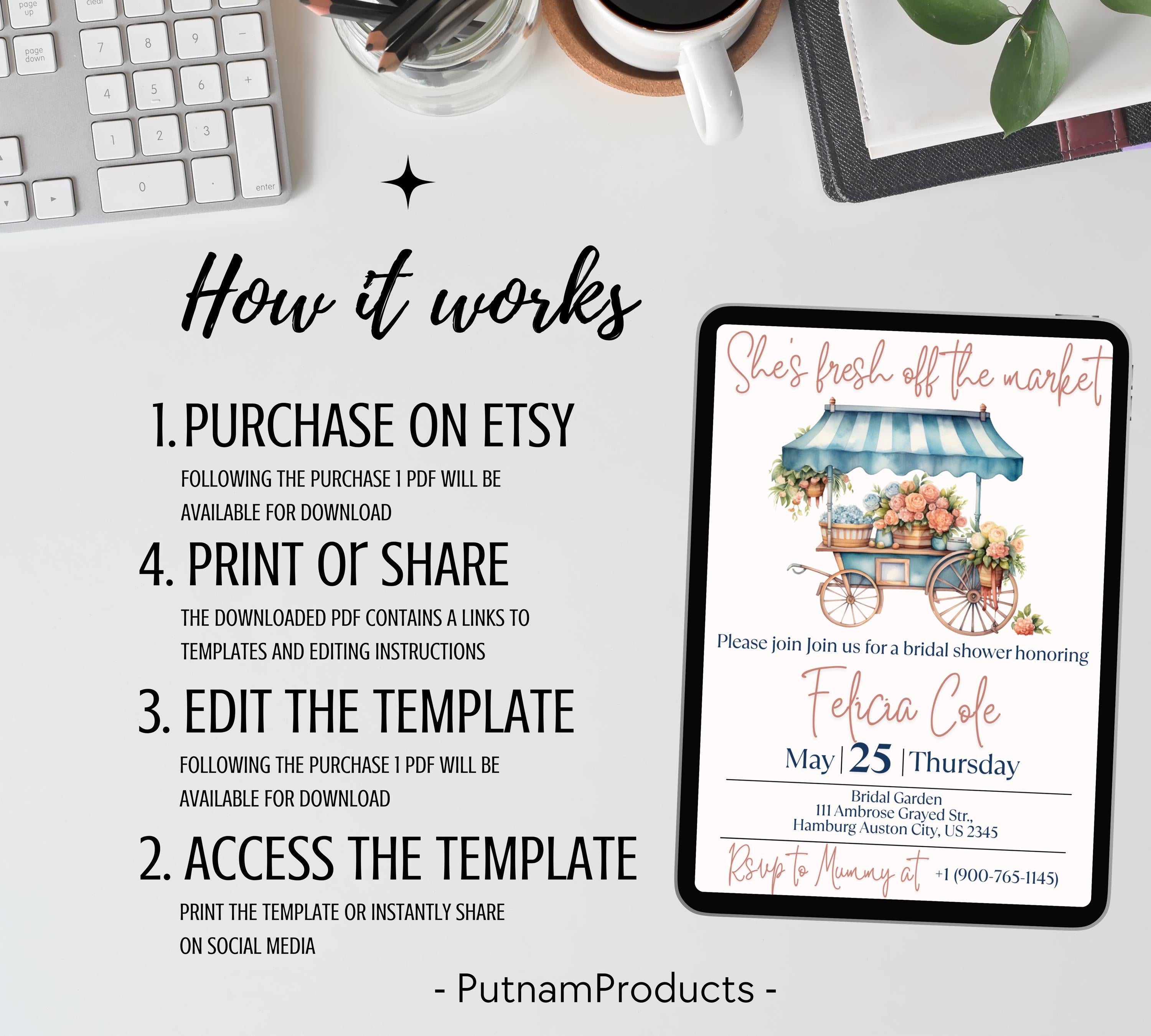 Editable Fresh off the Market Bridal Shower invitation Template, Editable Farmer's Market Invitation, Farmer's Market Invite, Gingham