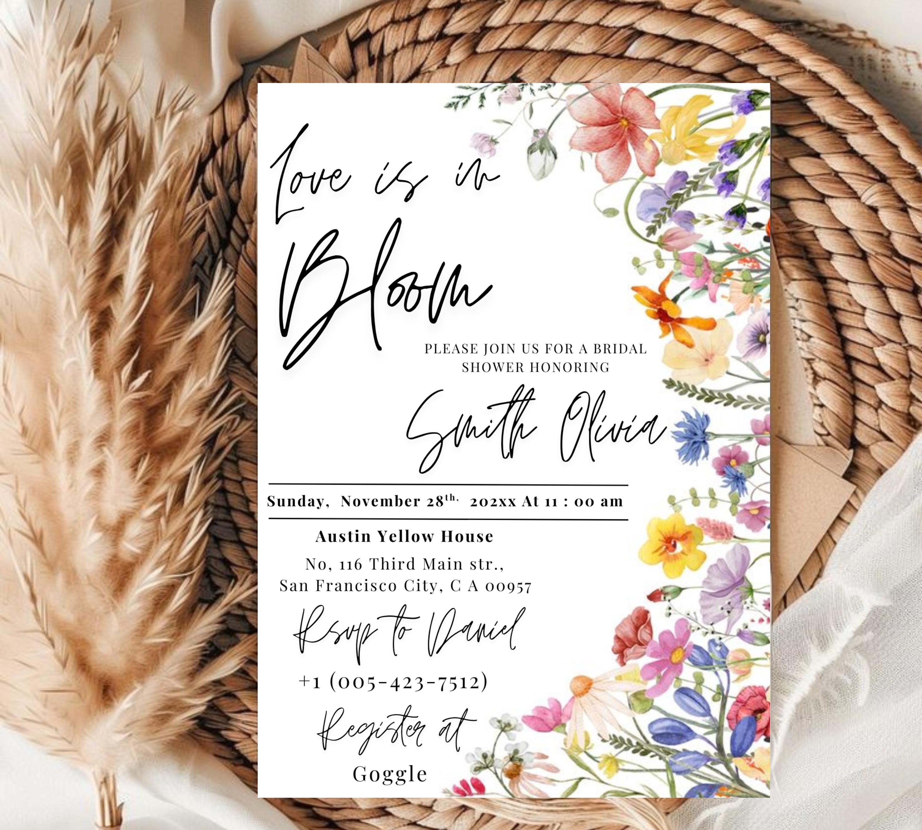 Love Is In Bloom Wildflower Bridal Shower invitation, Bridal Shower Invitation, Spring Bridal Shower Invite, Floral Love in Bloom Template