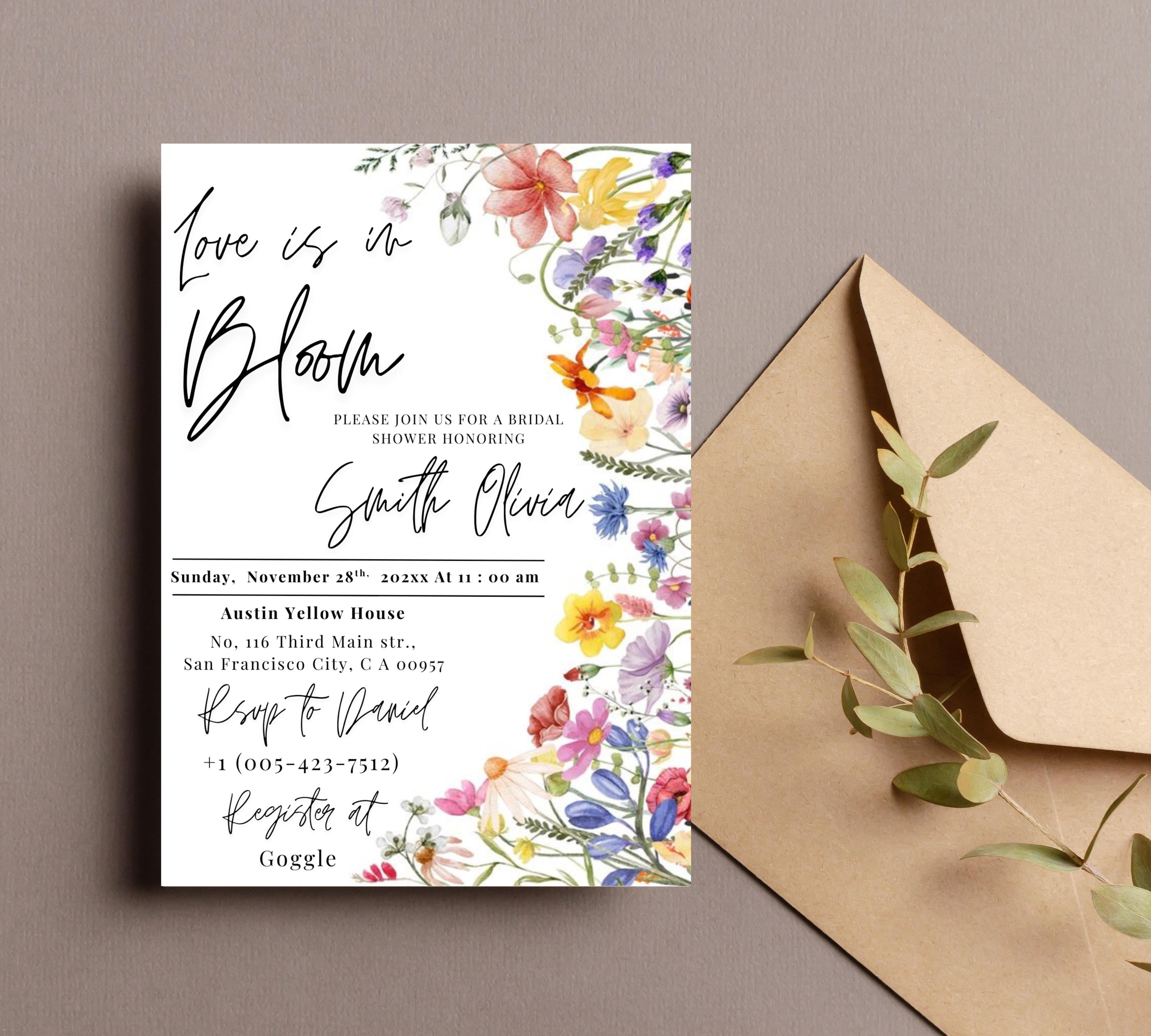 Love Is In Bloom Wildflower Bridal Shower invitation, Bridal Shower Invitation, Spring Bridal Shower Invite, Floral Love in Bloom Template