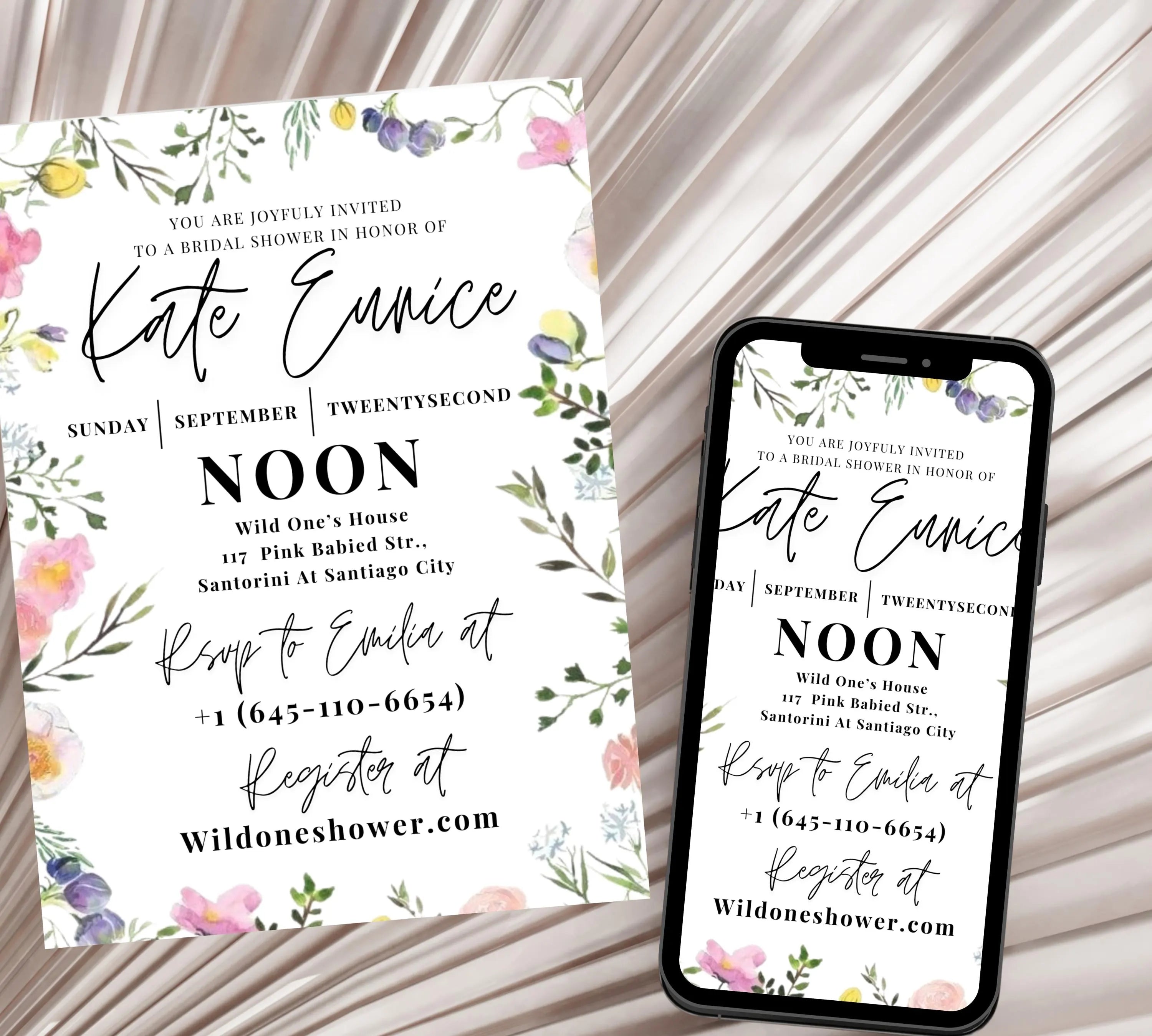 Kathleen Watercolor Bridal Shower invitation, Floral Wildflower Border, Kathleen Watercolor Wildflower Bridal Shower Invitation