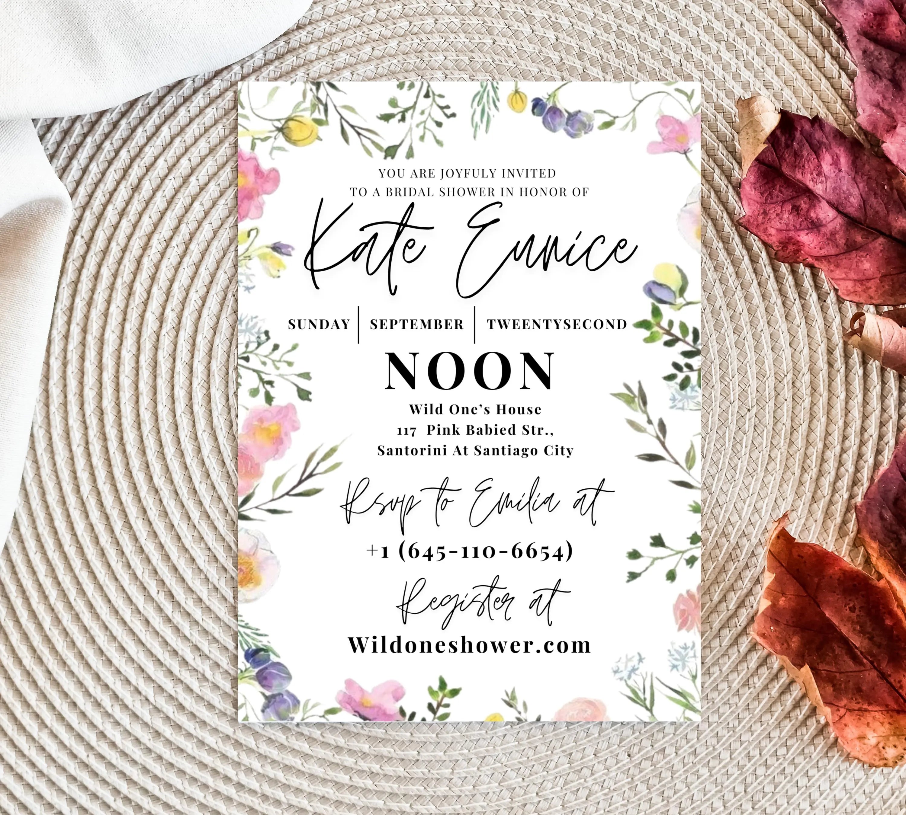 Kathleen Watercolor Bridal Shower invitation, Floral Wildflower Border, Kathleen Watercolor Wildflower Bridal Shower Invitation