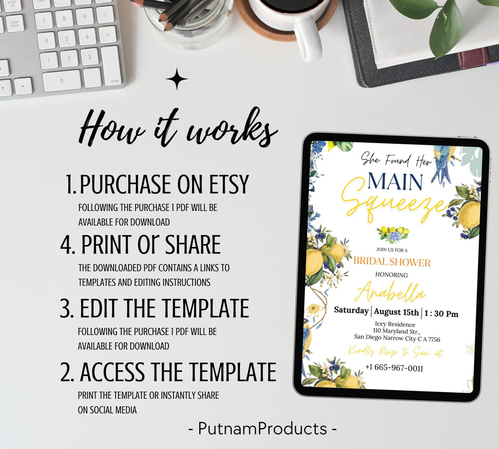 Editable Lemon Bridal Shower Invitation, Main Squeeze Bridal Shower Invite Mediterranean Blue Floral Citrus Bridal Brunch