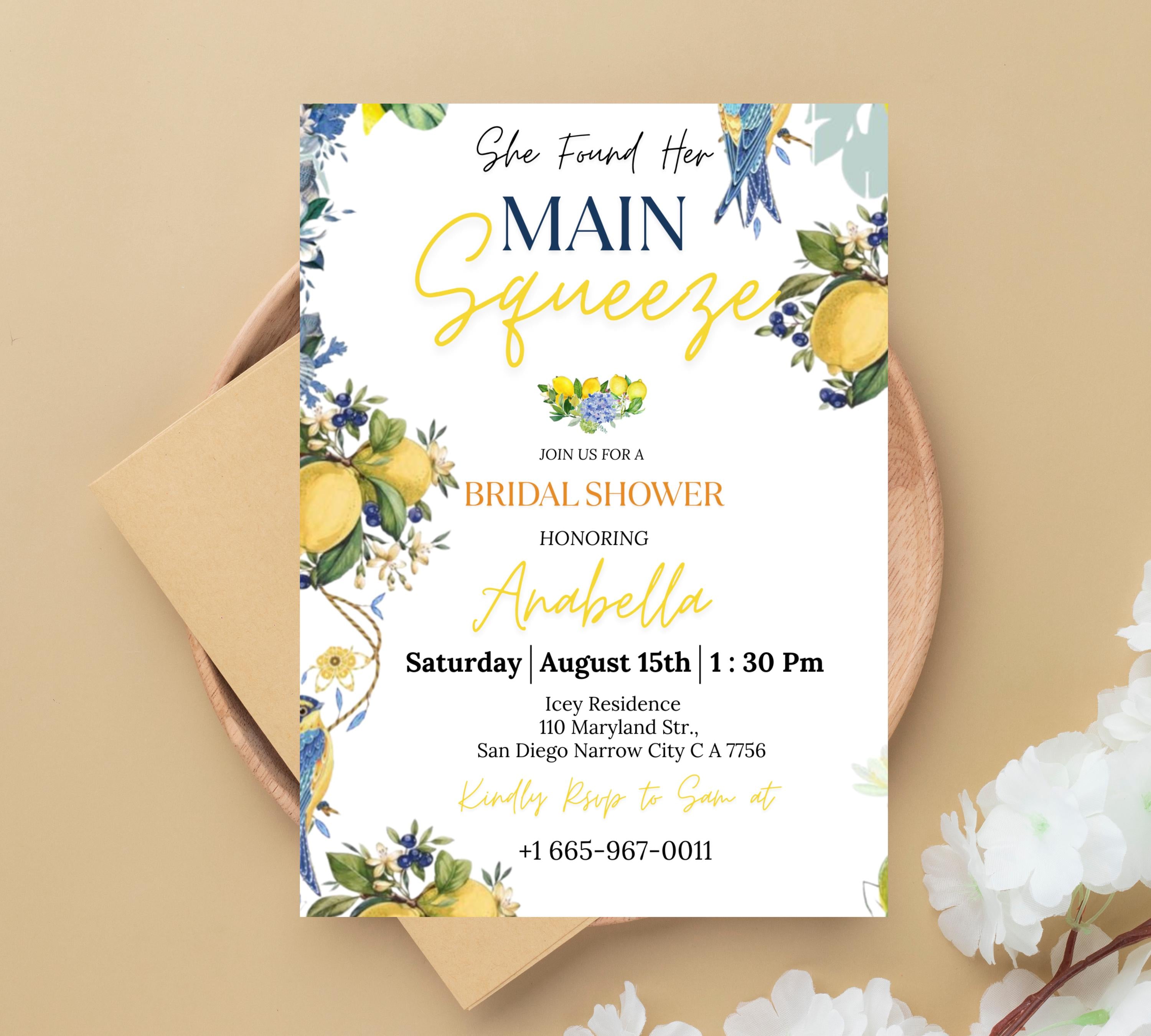 Editable Lemon Bridal Shower Invitation, Main Squeeze Bridal Shower Invite Mediterranean Blue Floral Citrus Bridal Brunch