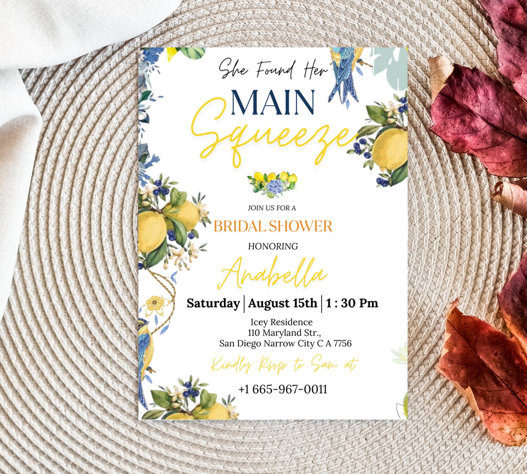 Editable Lemon Bridal Shower Invitation, Main Squeeze Bridal Shower Invite Mediterranean Blue Floral Citrus Bridal Brunch
