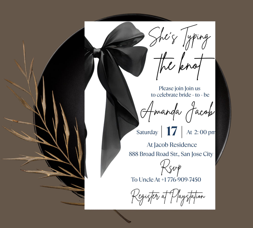 Editable She's Tying the Knot Bridal Shower Invitation Template, Minimalist Black Bow Bridal Shower Invite, Black Ribbon Wedding Shower