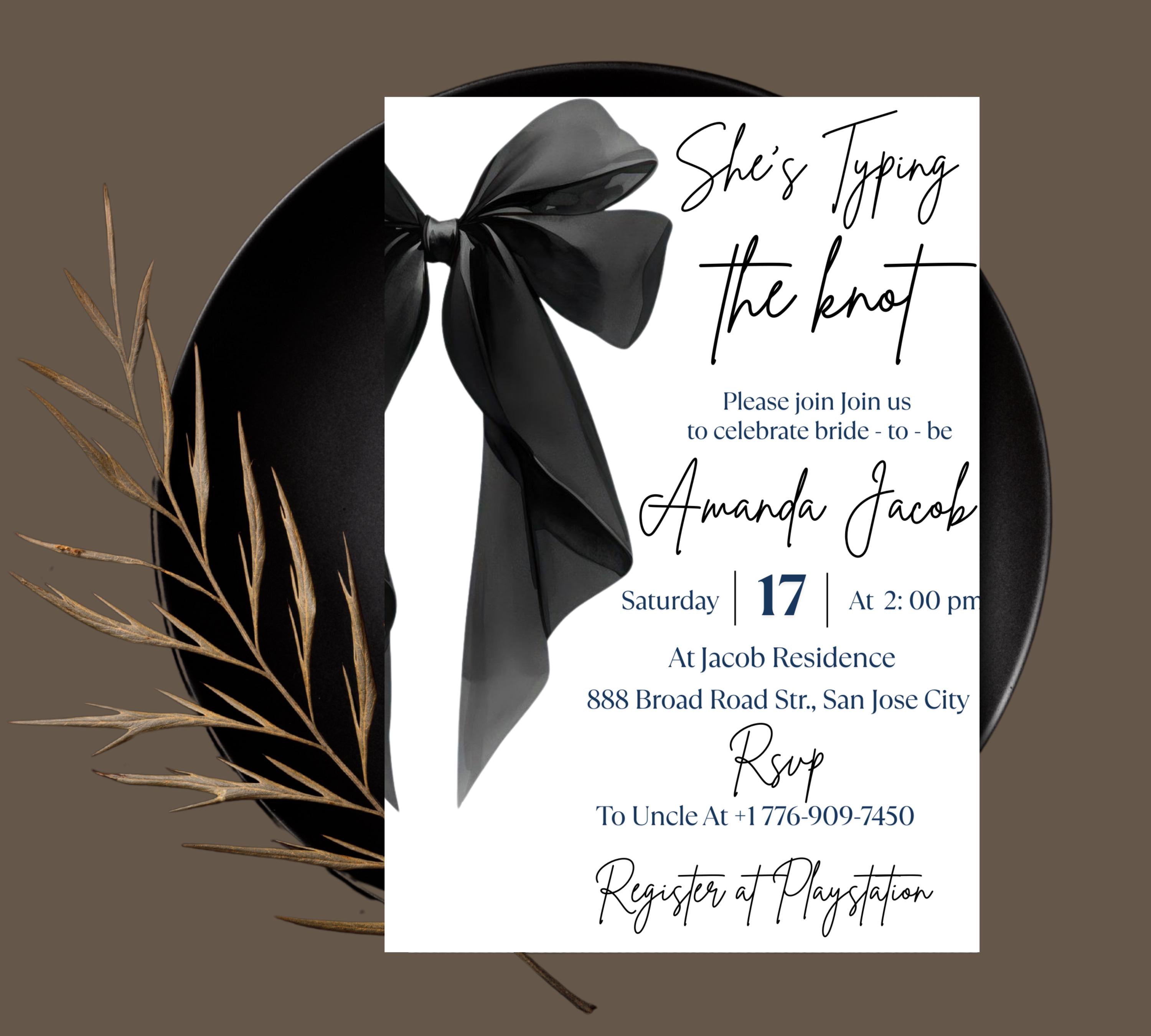 Editable She's Tying the Knot Bridal Shower Invitation Template, Minimalist Black Bow Bridal Shower Invite, Black Ribbon Wedding Shower