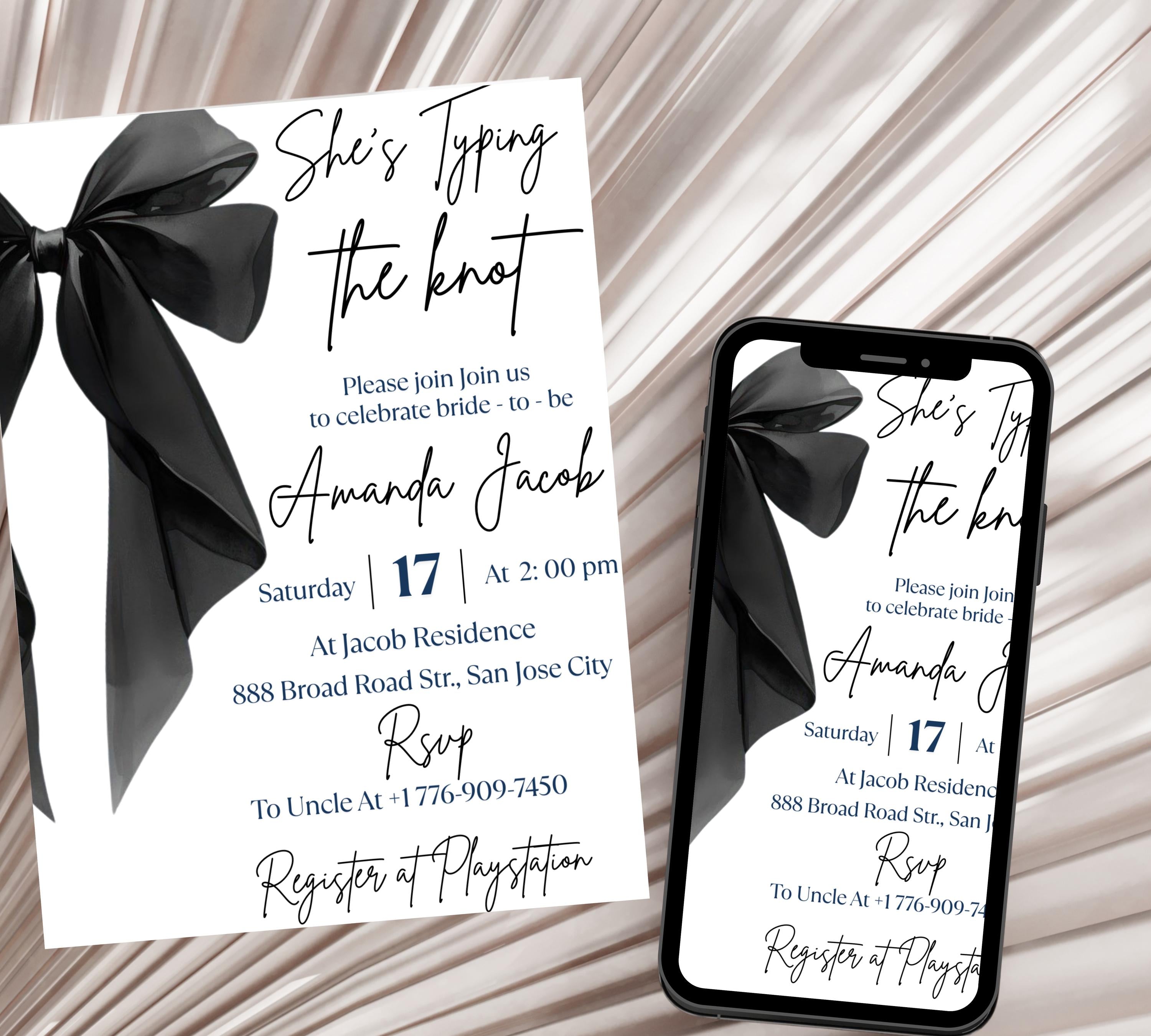 Editable She's Tying the Knot Bridal Shower Invitation Template, Minimalist Black Bow Bridal Shower Invite, Black Ribbon Wedding Shower