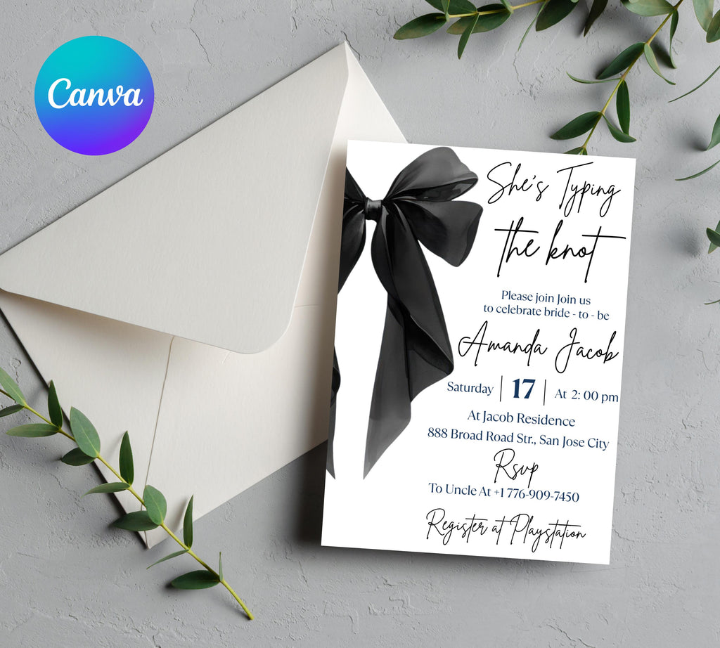Editable She's Tying the Knot Bridal Shower Invitation Template, Minimalist Black Bow Bridal Shower Invite, Black Ribbon Wedding Shower