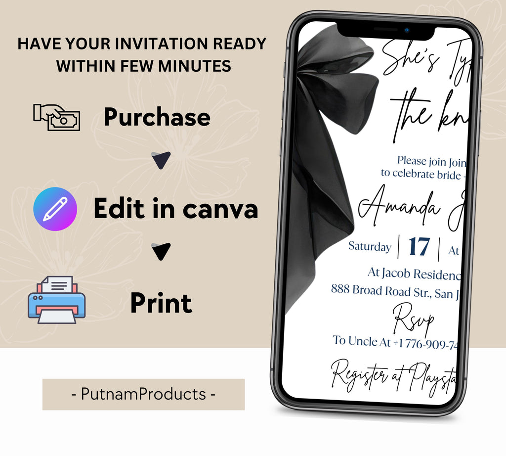 Editable She's Tying the Knot Bridal Shower Invitation Template, Minimalist Black Bow Bridal Shower Invite, Black Ribbon Wedding Shower