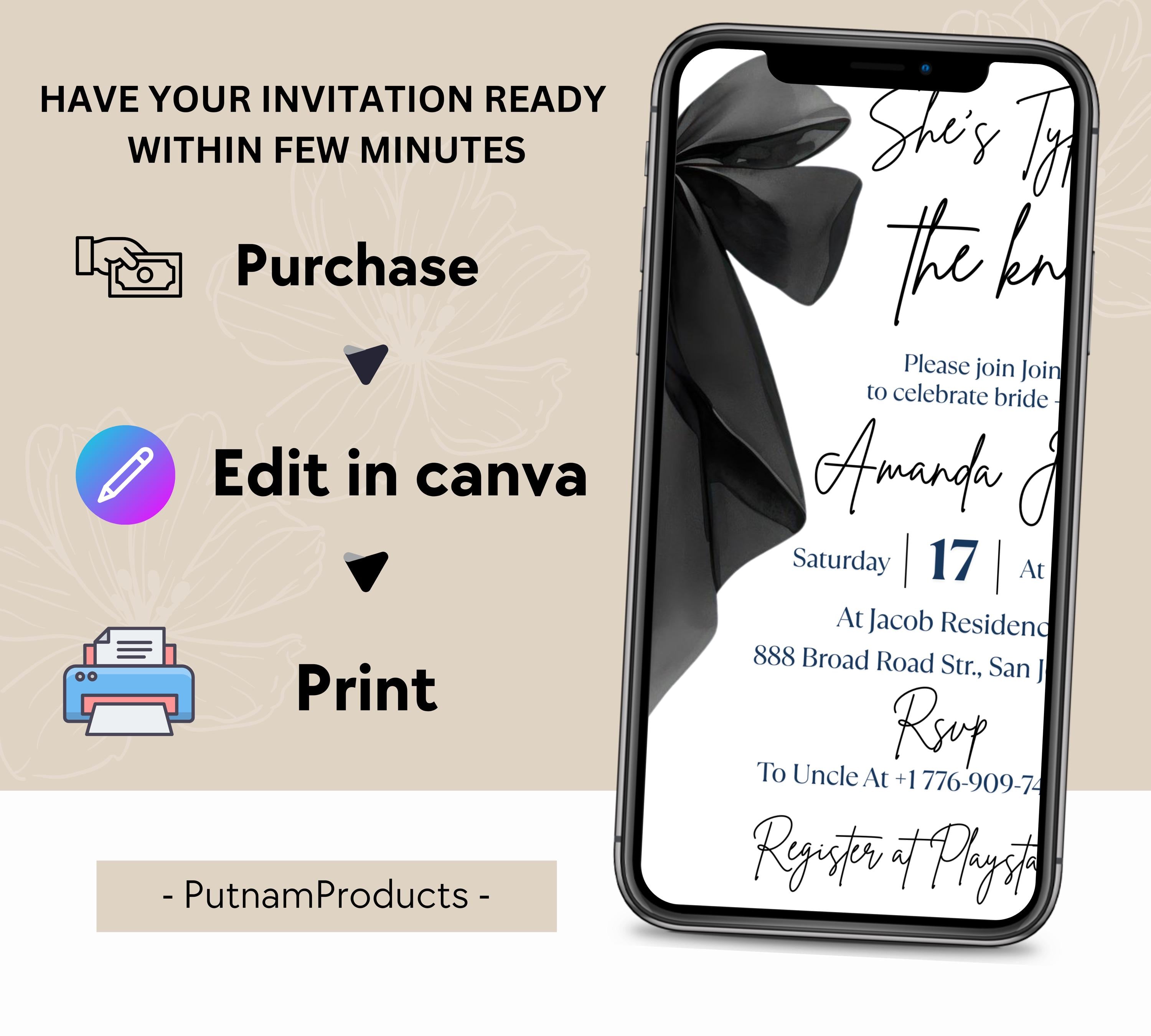 Editable She's Tying the Knot Bridal Shower Invitation Template, Minimalist Black Bow Bridal Shower Invite, Black Ribbon Wedding Shower