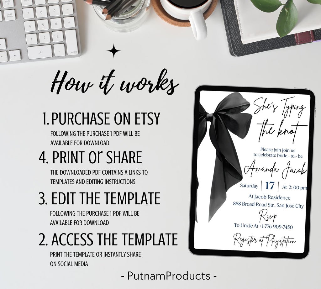 Editable She's Tying the Knot Bridal Shower Invitation Template, Minimalist Black Bow Bridal Shower Invite, Black Ribbon Wedding Shower