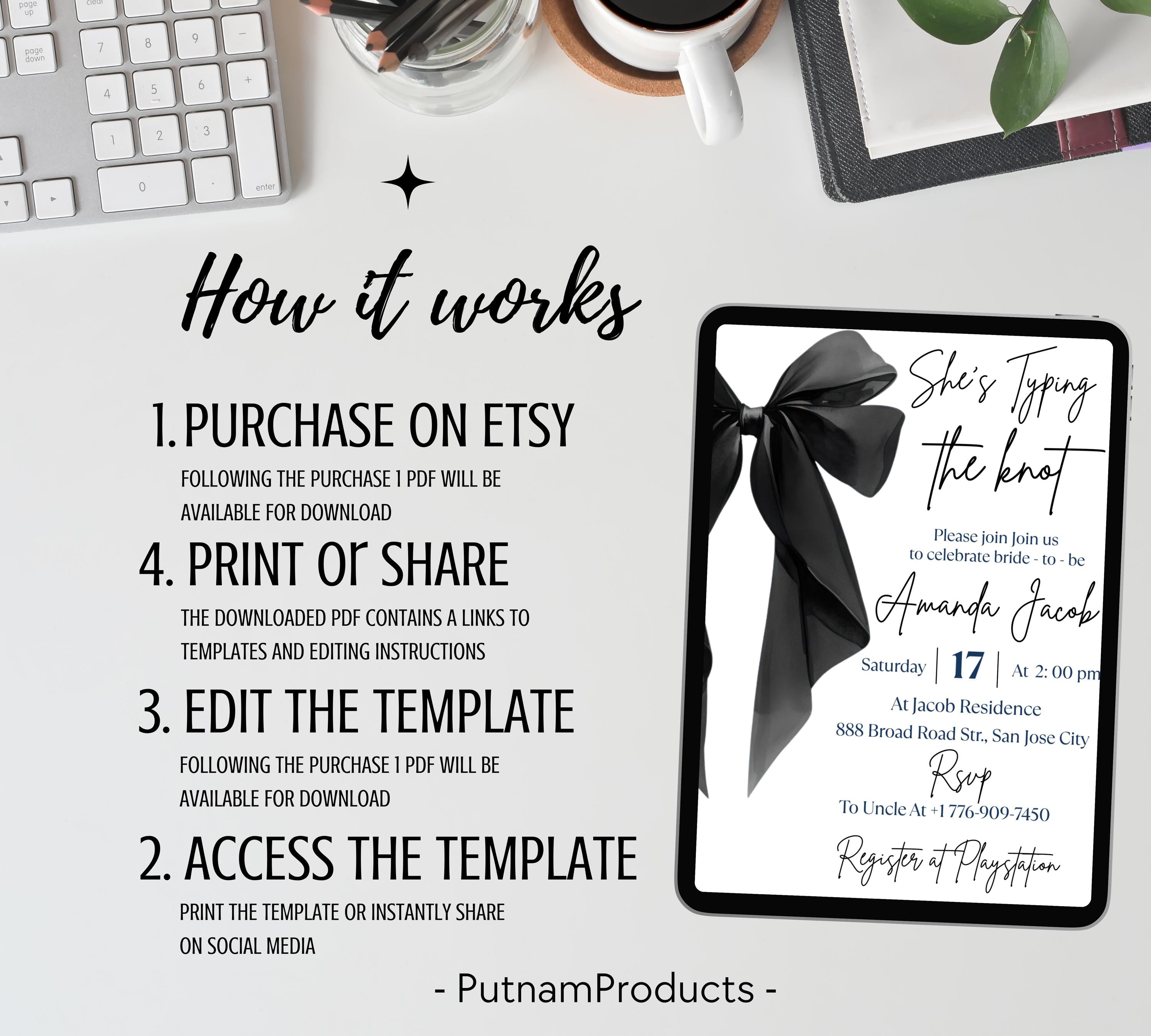 Editable She's Tying the Knot Bridal Shower Invitation Template, Minimalist Black Bow Bridal Shower Invite, Black Ribbon Wedding Shower