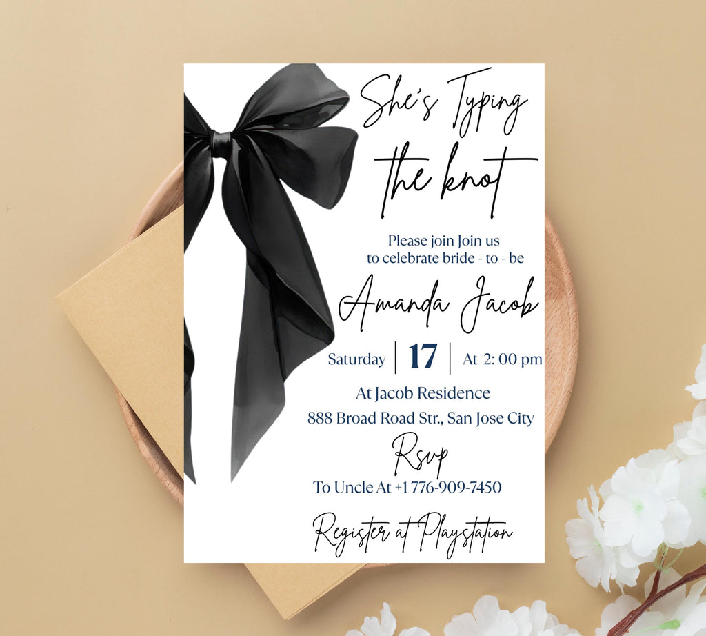 Editable She's Tying the Knot Bridal Shower Invitation Template, Minimalist Black Bow Bridal Shower Invite, Black Ribbon Wedding Shower