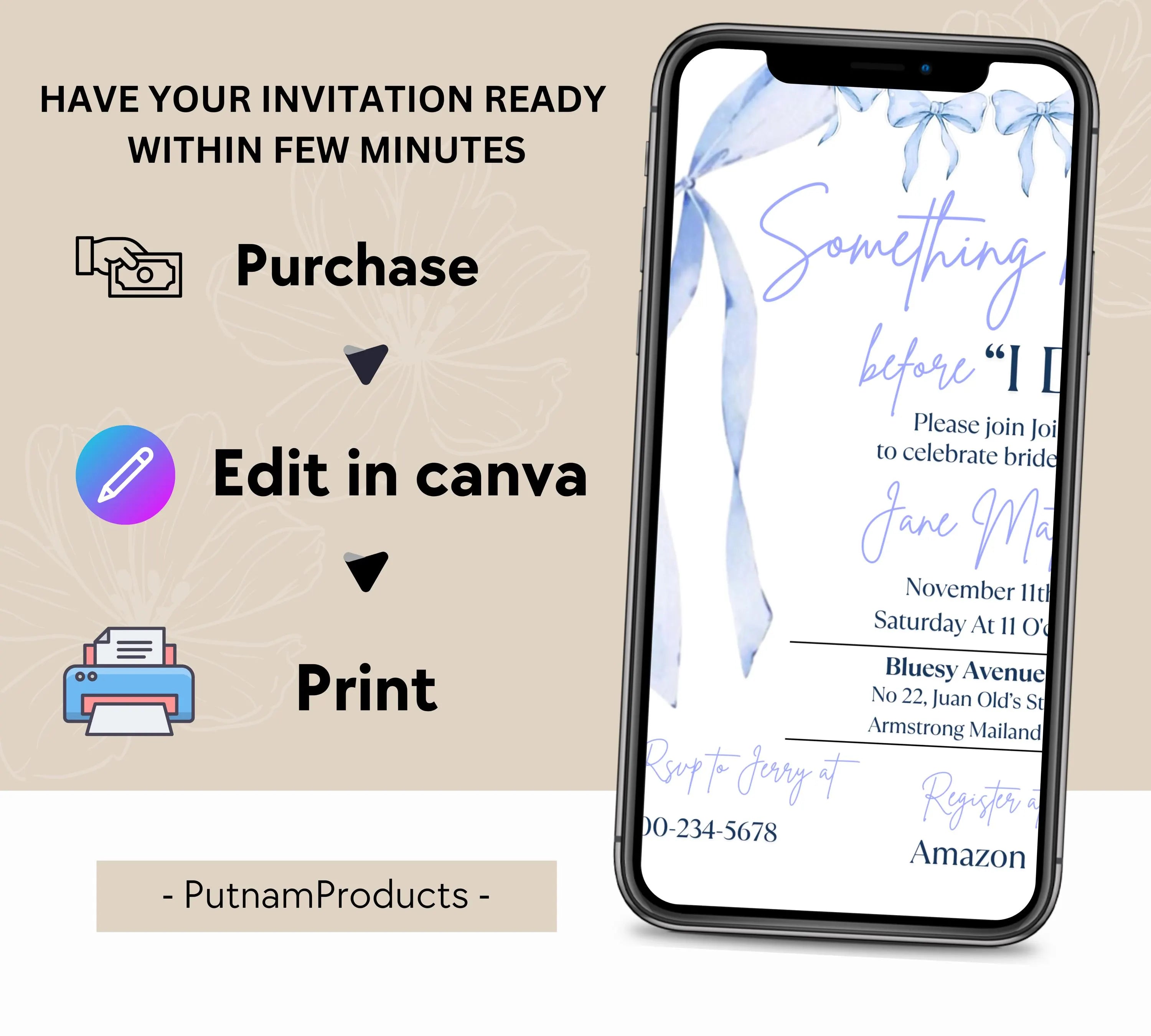 Something Blue Before I Do Bridal Shower Template, Editable Blue Ribbon Bridal Shower invite, Dusty Blue Bridal Invitation