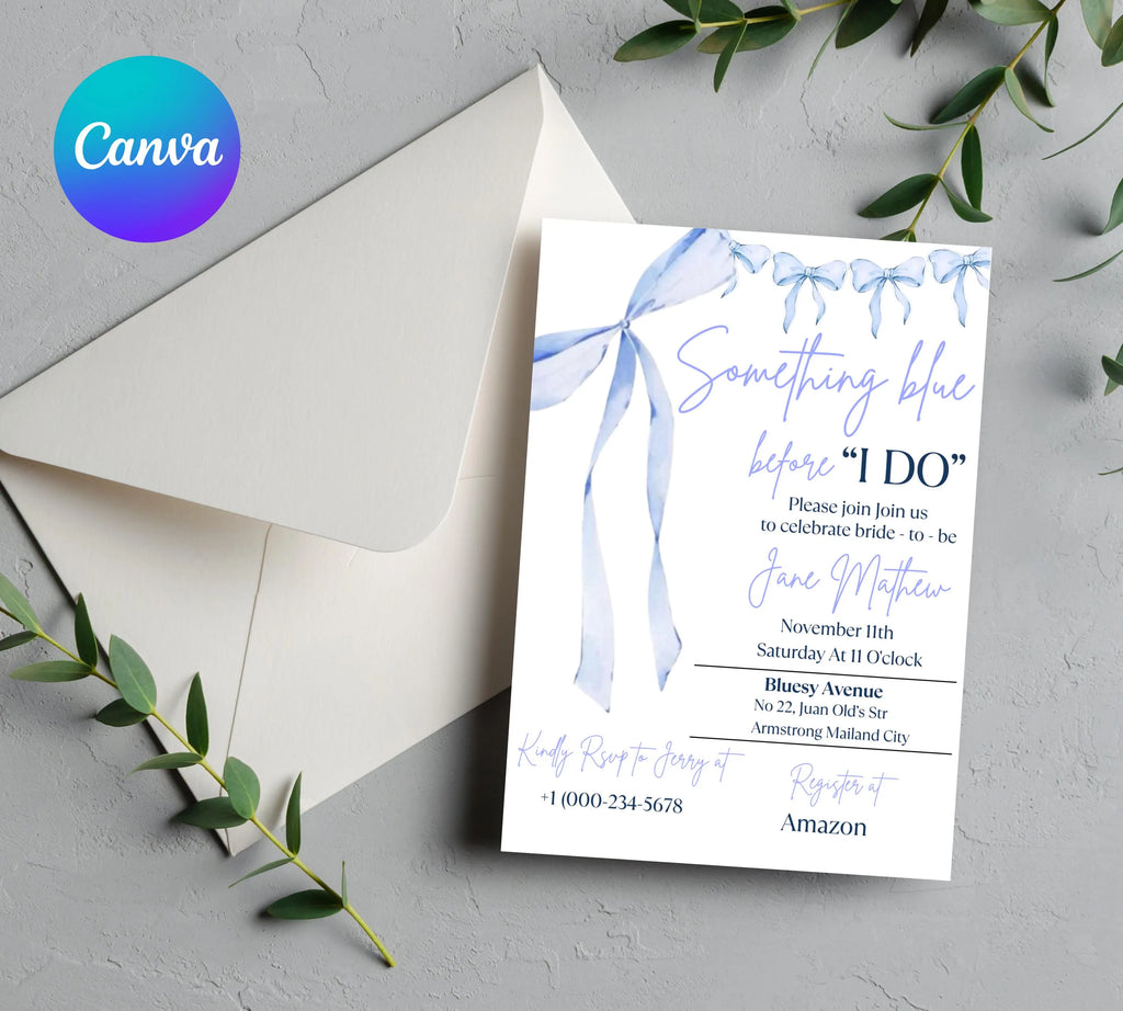 Something Blue Before I Do Bridal Shower Template, Editable Blue Ribbon Bridal Shower invite, Dusty Blue Bridal Invitation