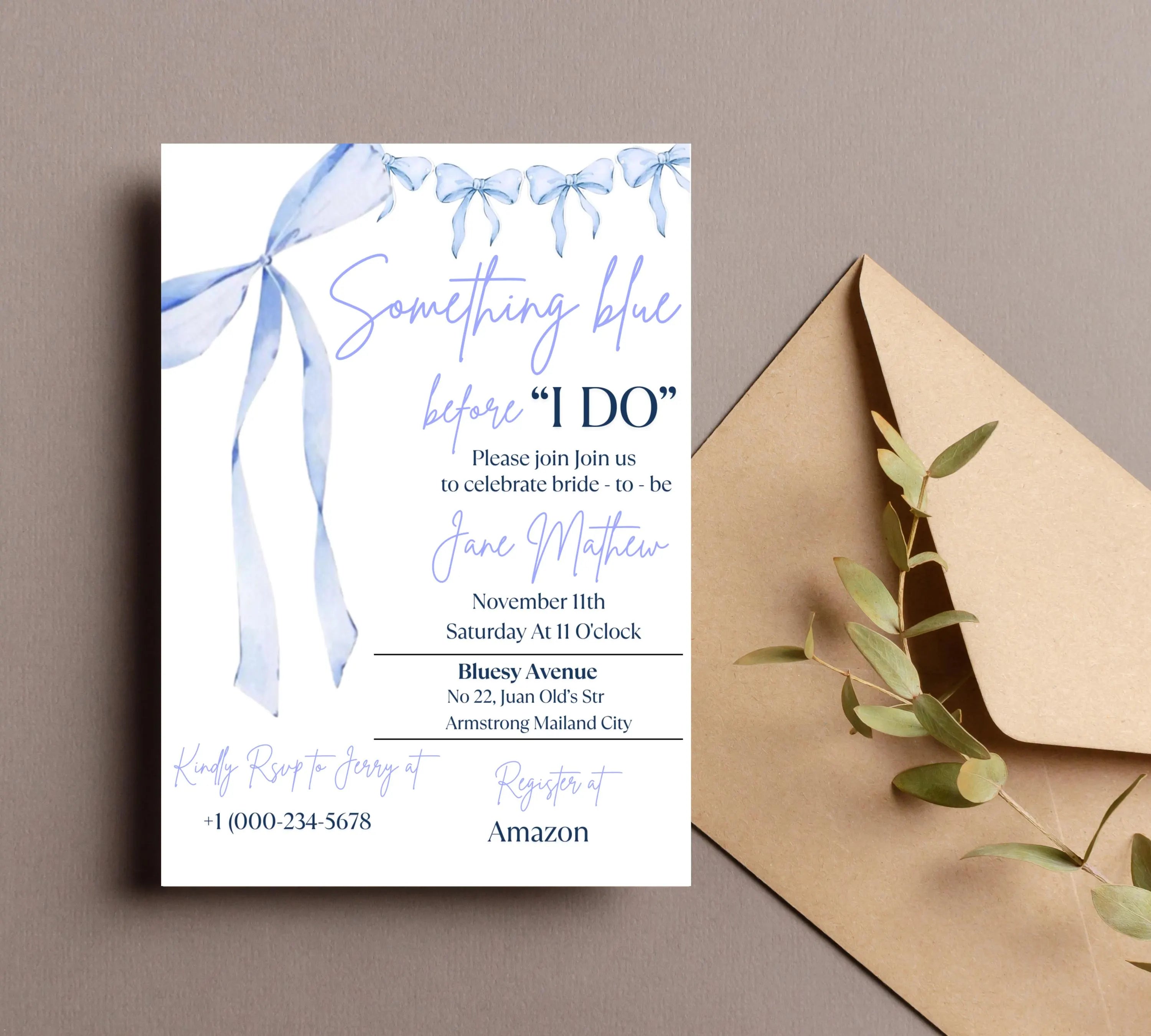 Something Blue Before I Do Bridal Shower Template, Editable Blue Ribbon Bridal Shower invite, Dusty Blue Bridal Invitation