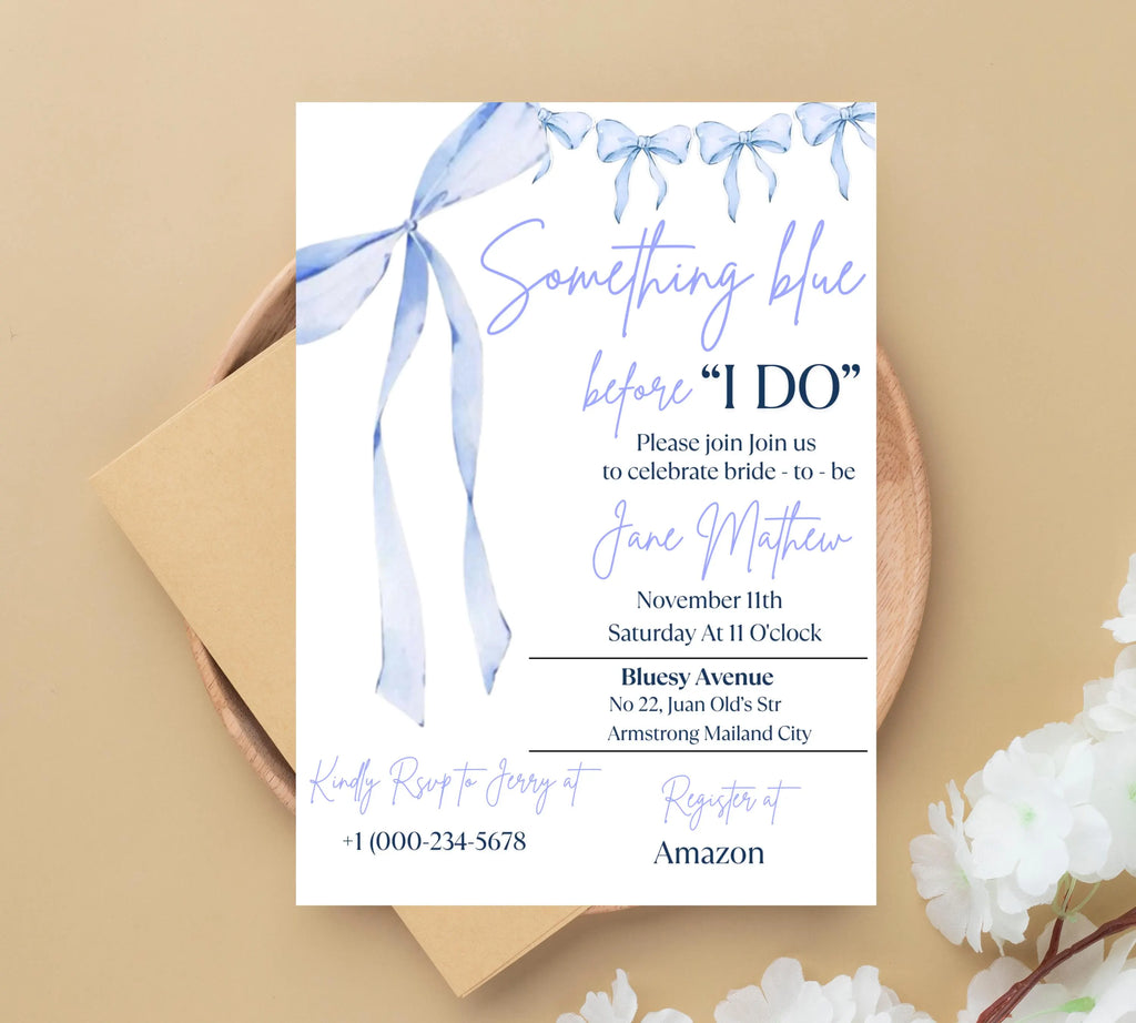 Something Blue Before I Do Bridal Shower Template, Editable Blue Ribbon Bridal Shower invite, Dusty Blue Bridal Invitation