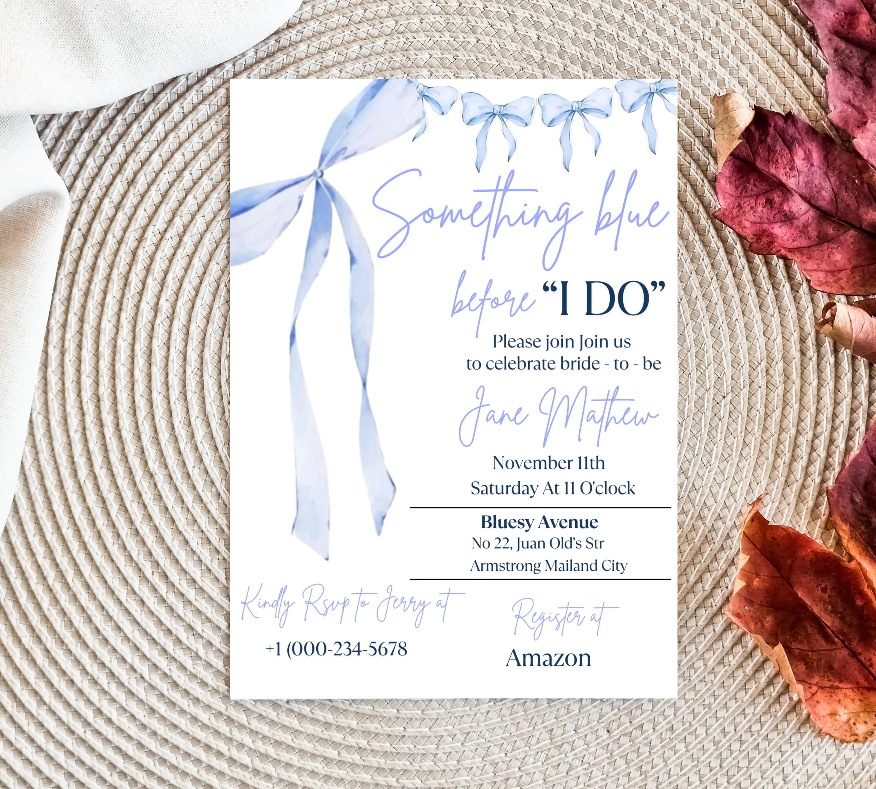 Something Blue Before I Do Bridal Shower Template, Editable Blue Ribbon Bridal Shower invite, Dusty Blue Bridal Invitation