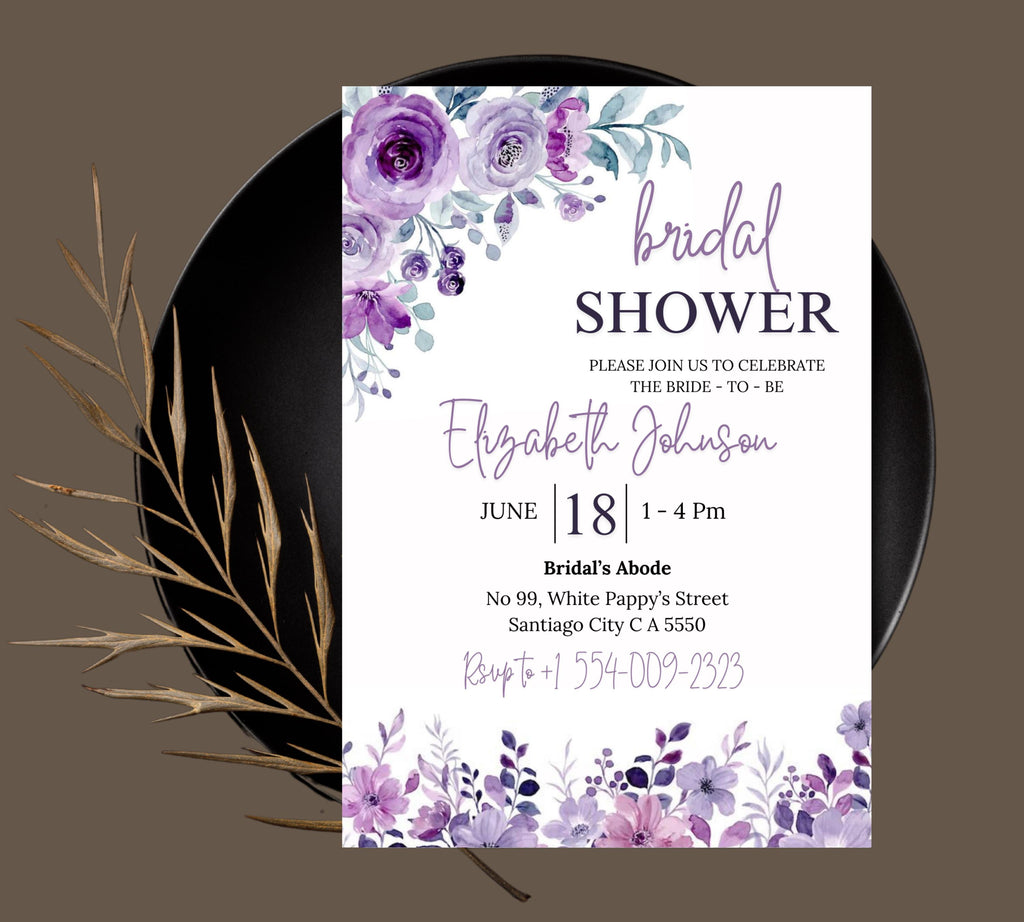 Lavender Bridal Shower Invitation Template, Greenery Bridal Shower Invitation Printable, Purple Floral Bridal Shower Invitations