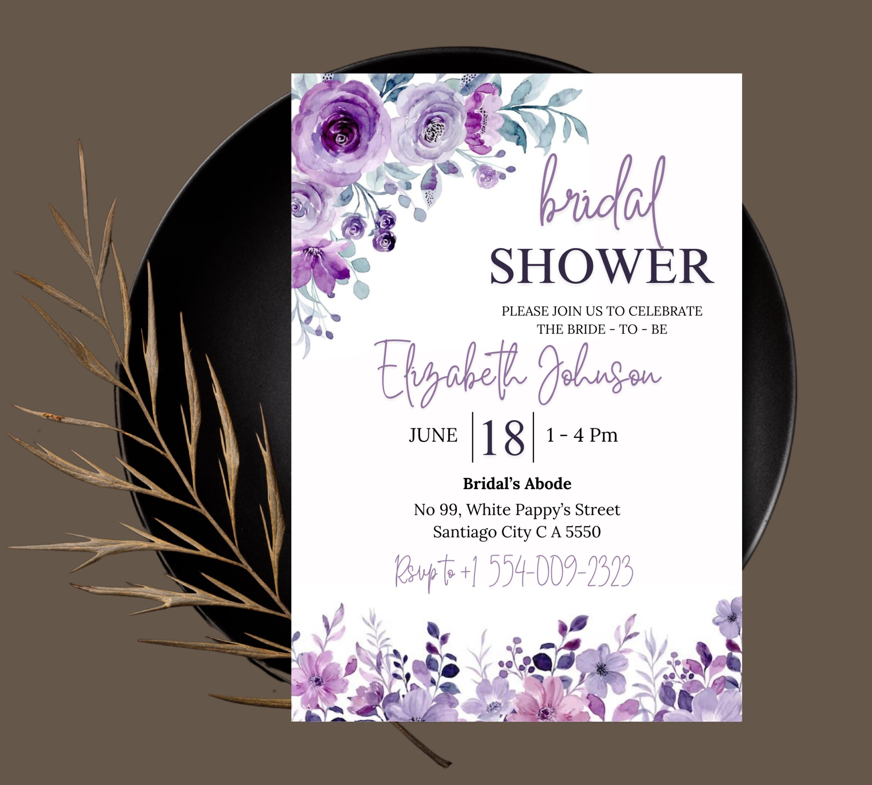 Lavender Bridal Shower Invitation Template, Greenery Bridal Shower Invitation Printable, Purple Floral Bridal Shower Invitations