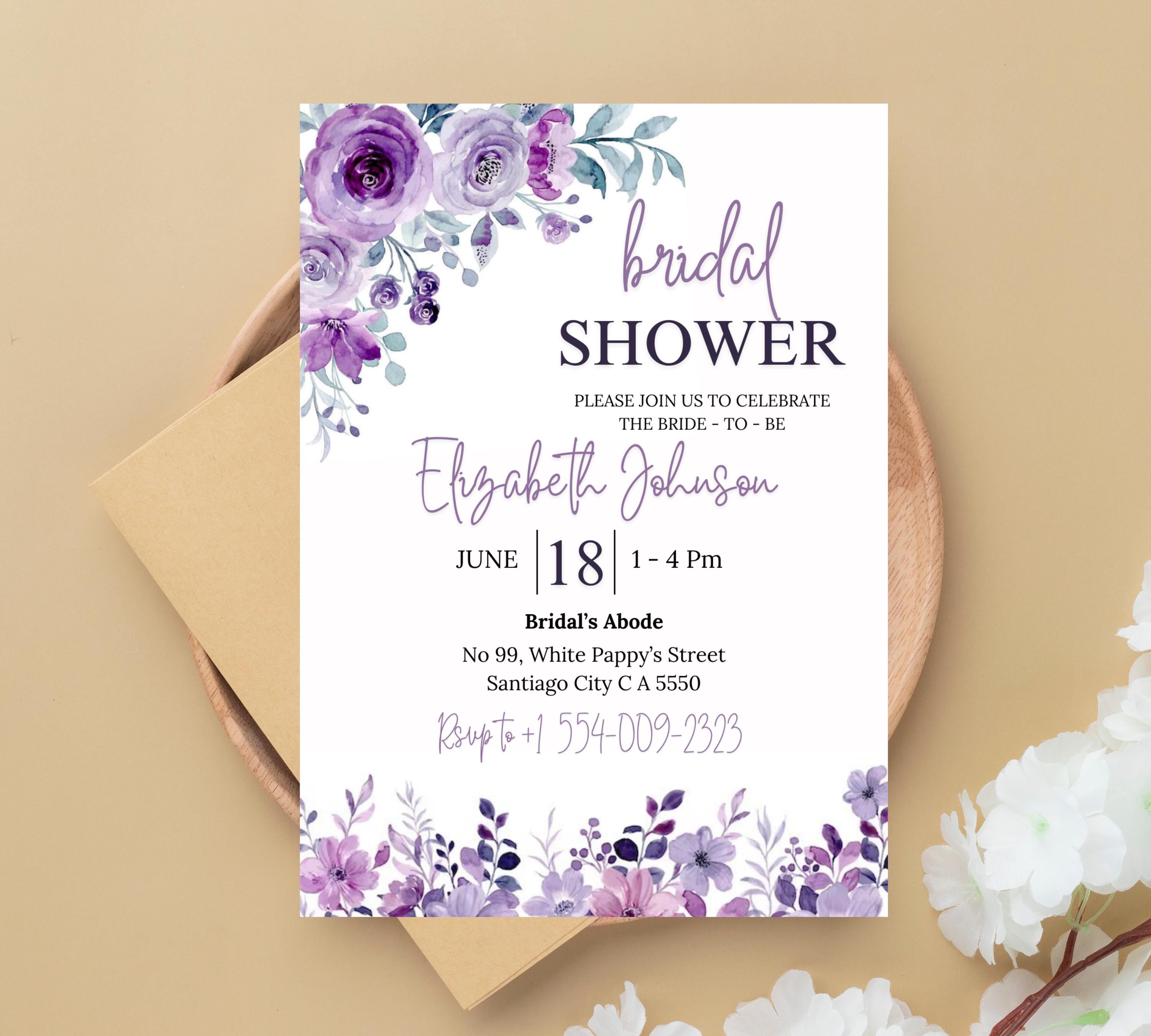 Lavender Bridal Shower Invitation Template, Greenery Bridal Shower Invitation Printable, Purple Floral Bridal Shower Invitations