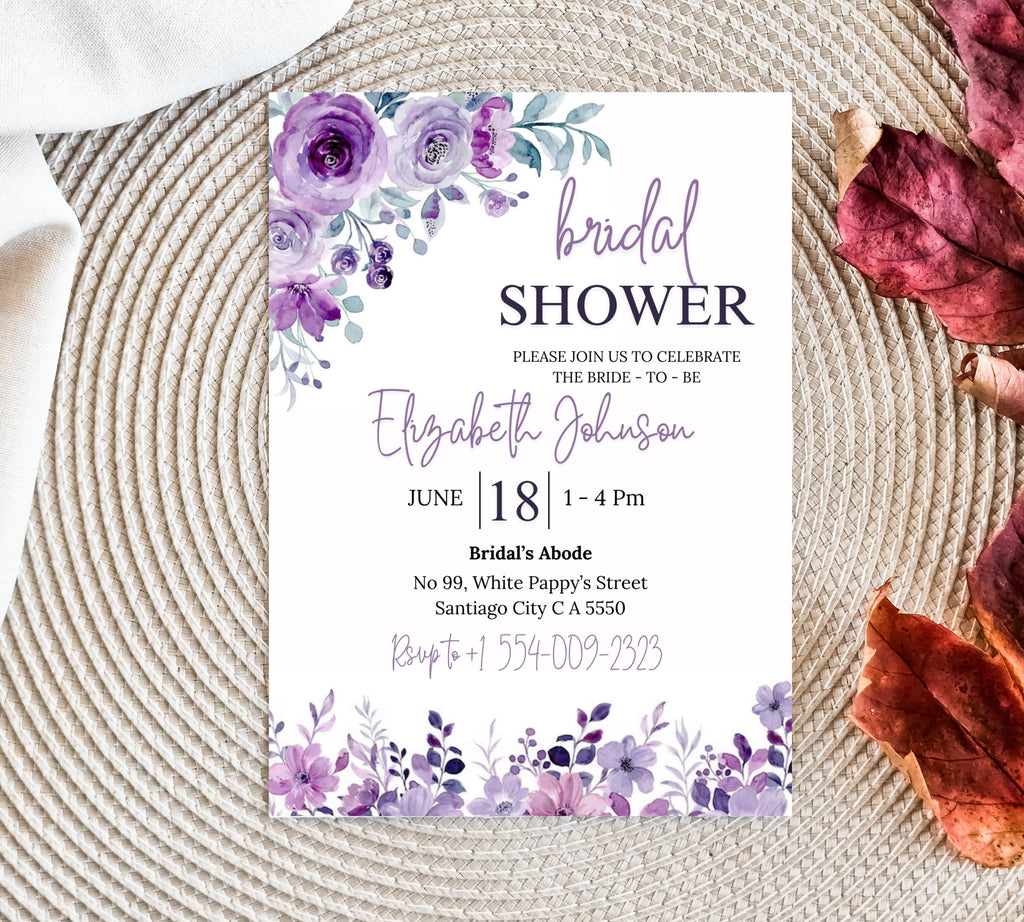 Lavender Bridal Shower Invitation Template, Greenery Bridal Shower Invitation Printable, Purple Floral Bridal Shower Invitations