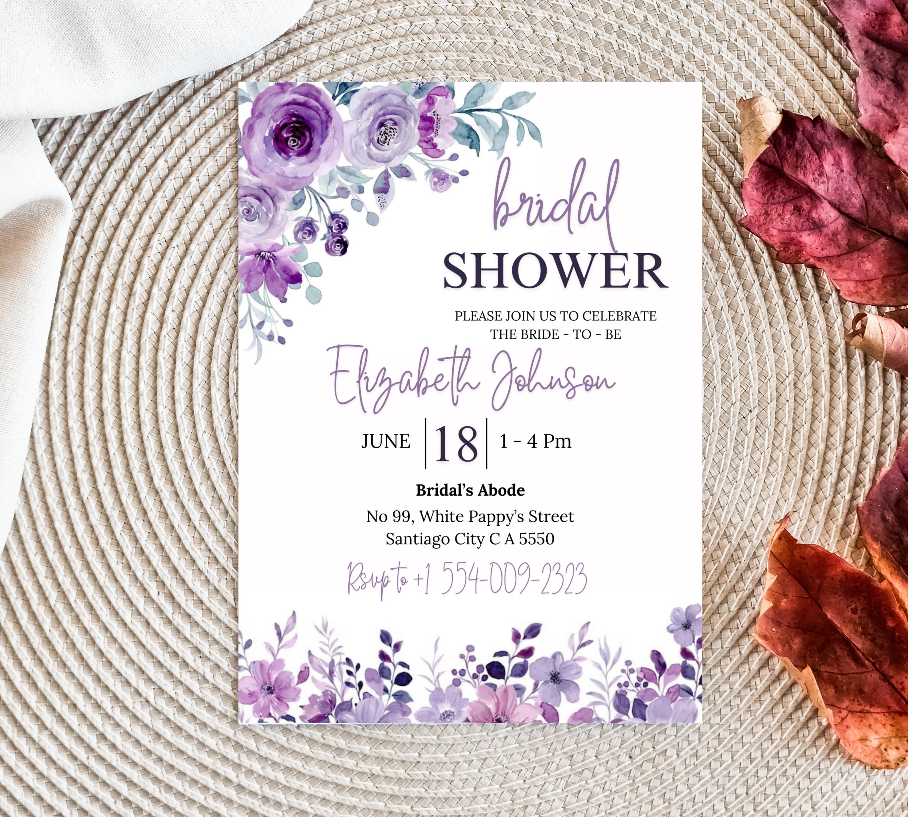 Lavender Bridal Shower Invitation Template, Greenery Bridal Shower Invitation Printable, Purple Floral Bridal Shower Invitations