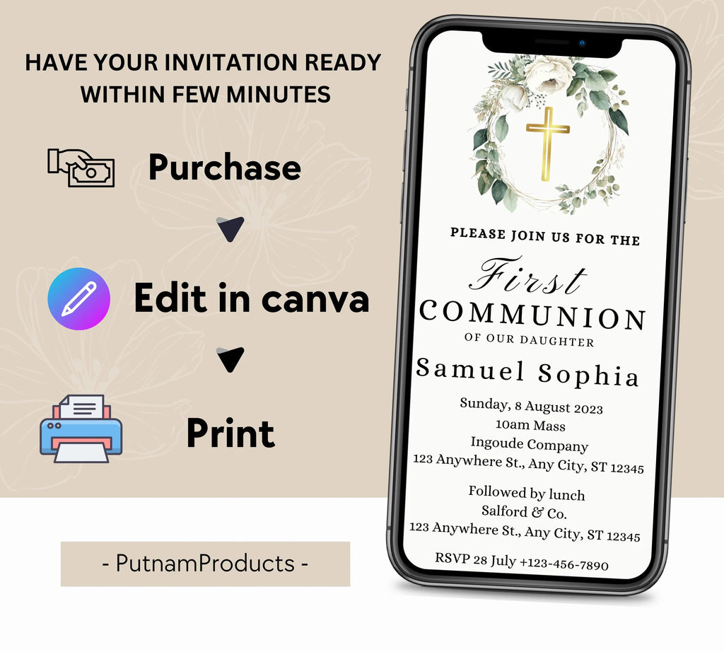 Greenery  First communion invitation, First Holy Communion, Christening Invitation, Baby's Breath Wreath Religious Invite, Religious Cross