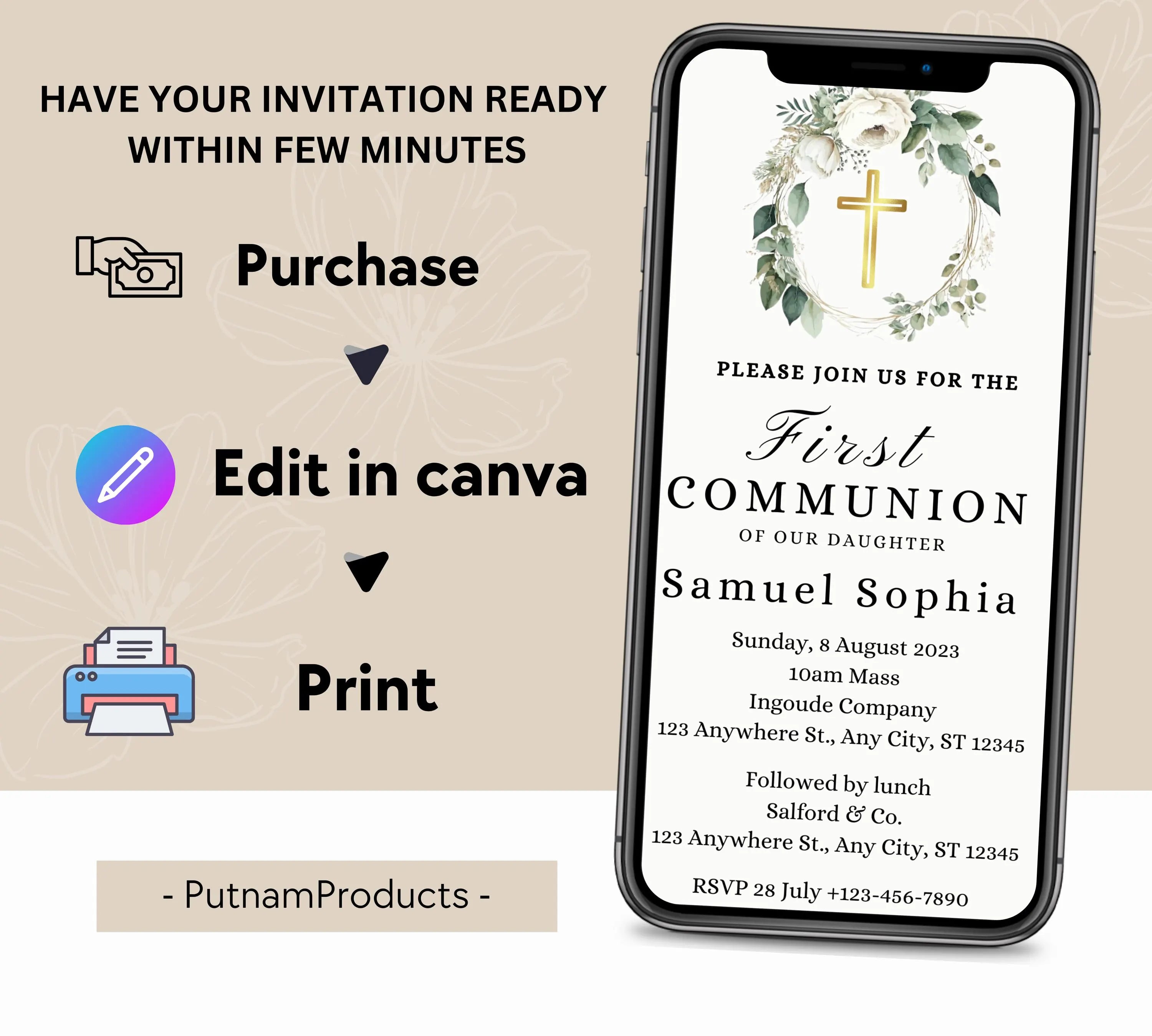 Greenery  First communion invitation, First Holy Communion, Christening Invitation, Baby's Breath Wreath Religious Invite, Religious Cross