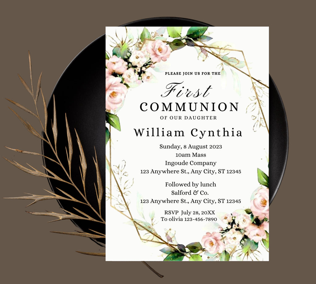 Minimalist Greenery Baptism Invitation Template, Christening Invite, Religious Cross, Printable Baptism, Greenery Baptism Invitation Card